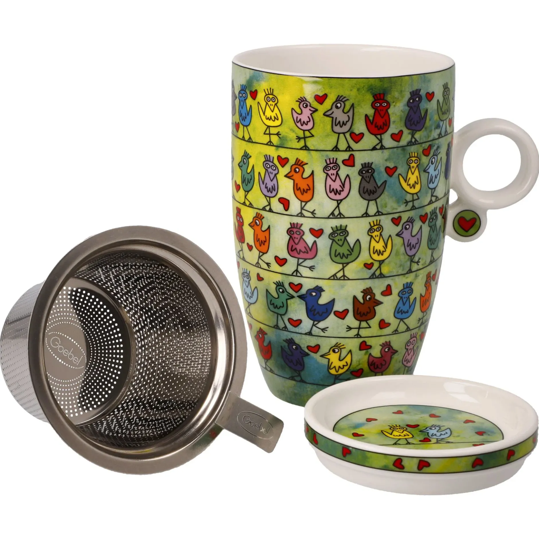 Goebel Teetasse mit Sieb und Deckel 'Birds on a Love Wire'