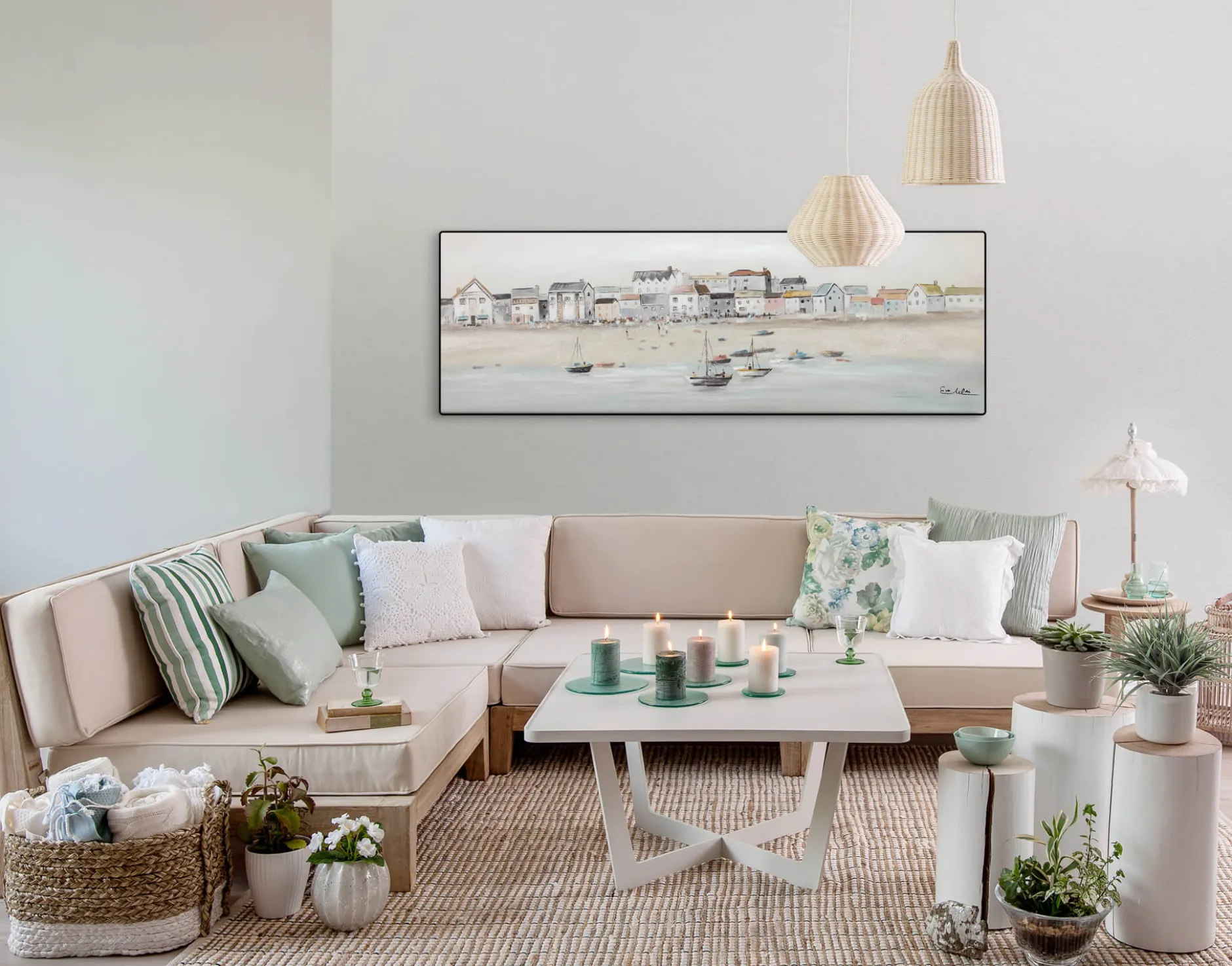 Handbemalter Kunstdruck 'Little Port Town' 150x50cm