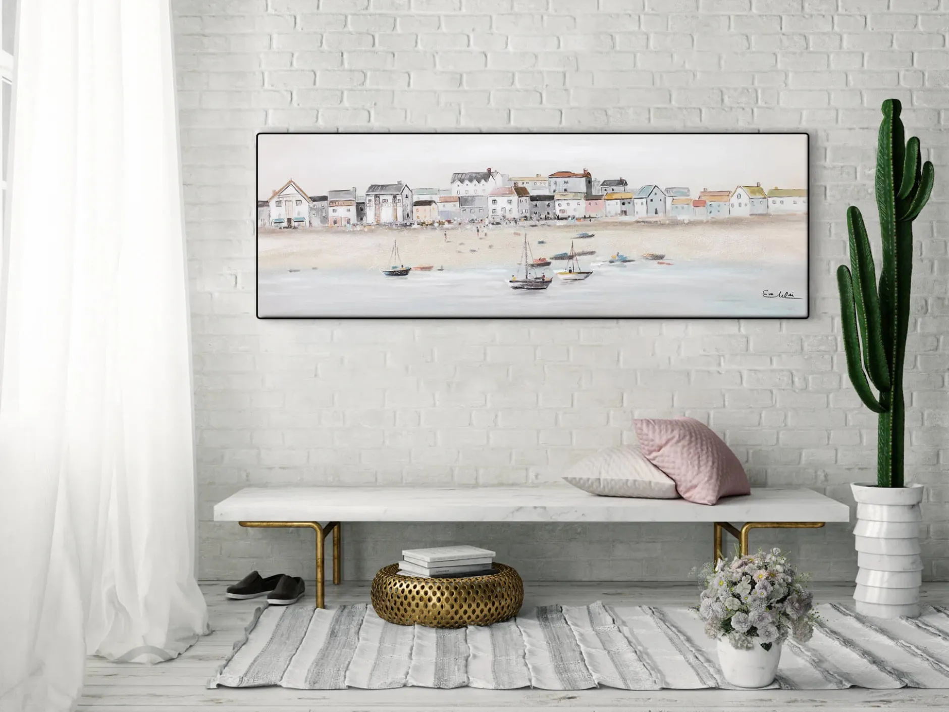 Handbemalter Kunstdruck 'Little Port Town' 150x50cm