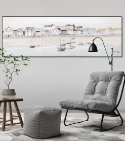 Handbemalter Kunstdruck 'Little Port Town' 150x50cm