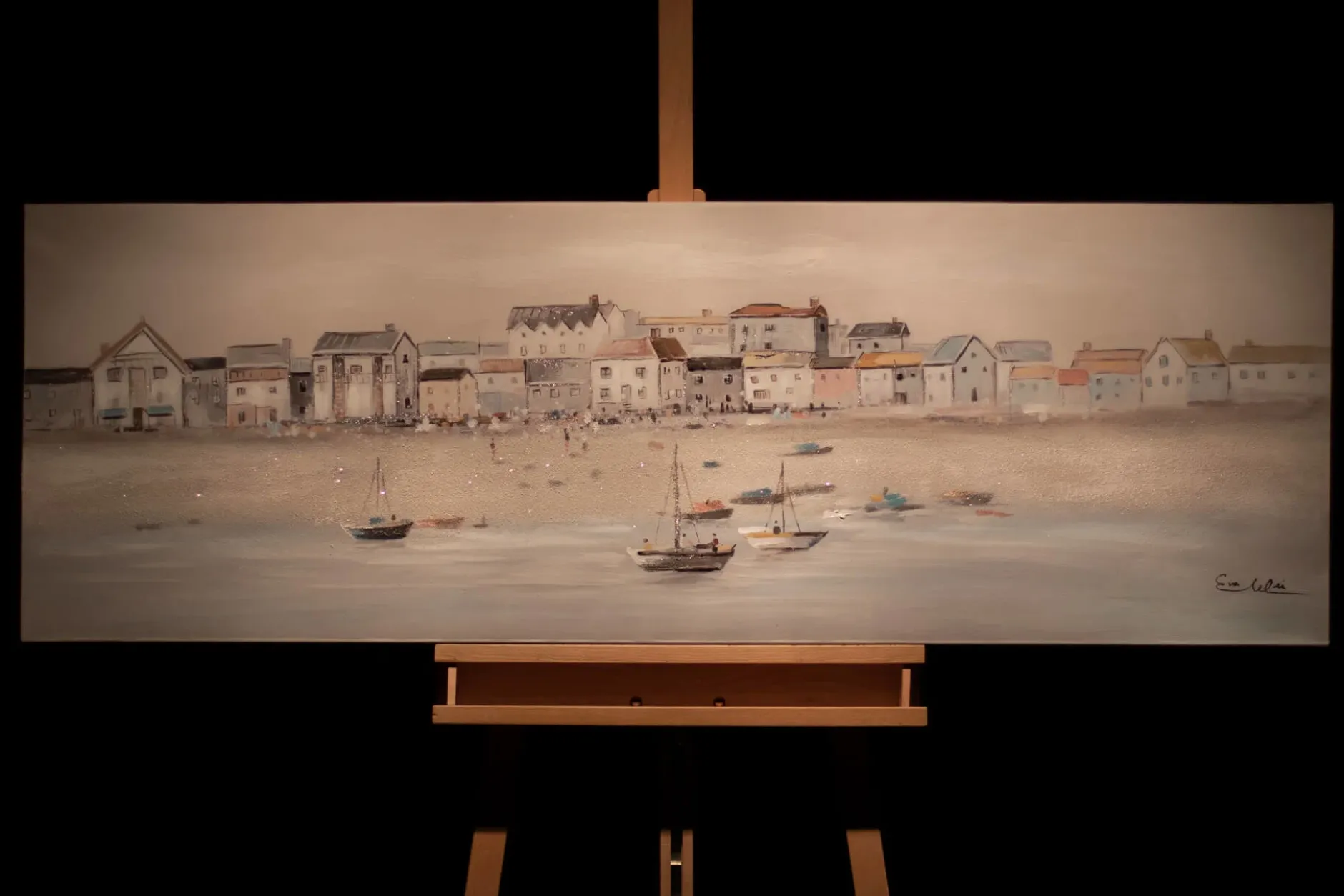 Handbemalter Kunstdruck 'Little Port Town' 150x50cm