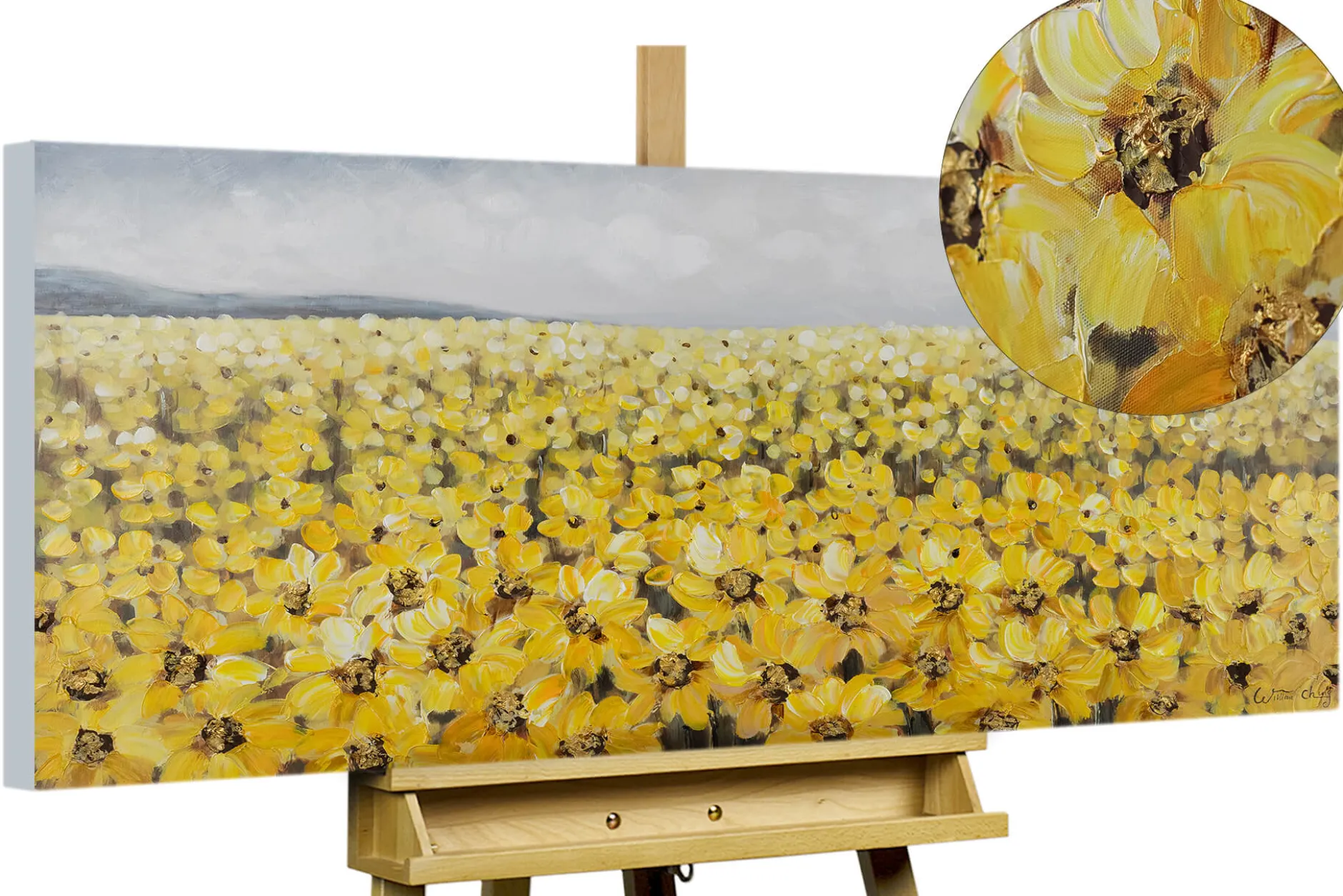 Handgemaltes Gemälde 'Blumenmeer in Gelb' 120x60cm | inkl. Echtheitszertifikat