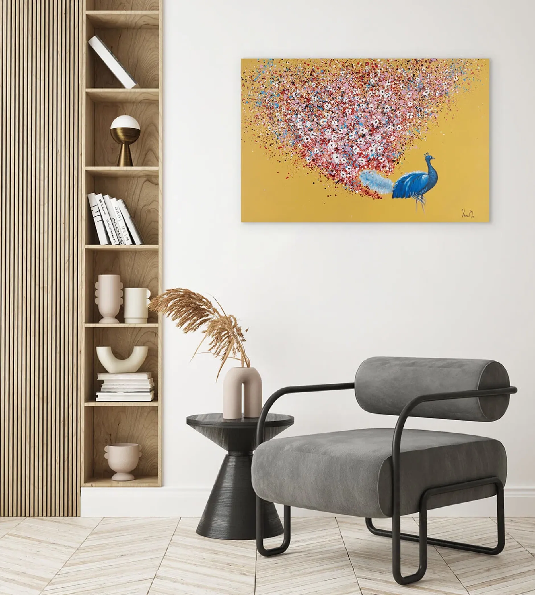 Handgemaltes Gemälde 'Floral Peacock' 90x60cm | inkl. Echtheitszertifikat