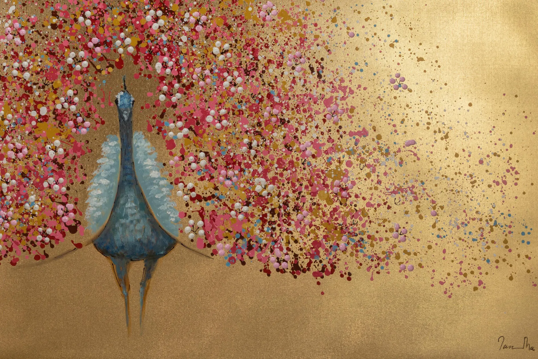 Handgemaltes Gemälde 'Goldener Blütenpfau' | inkl. Echtheitszertifikat
