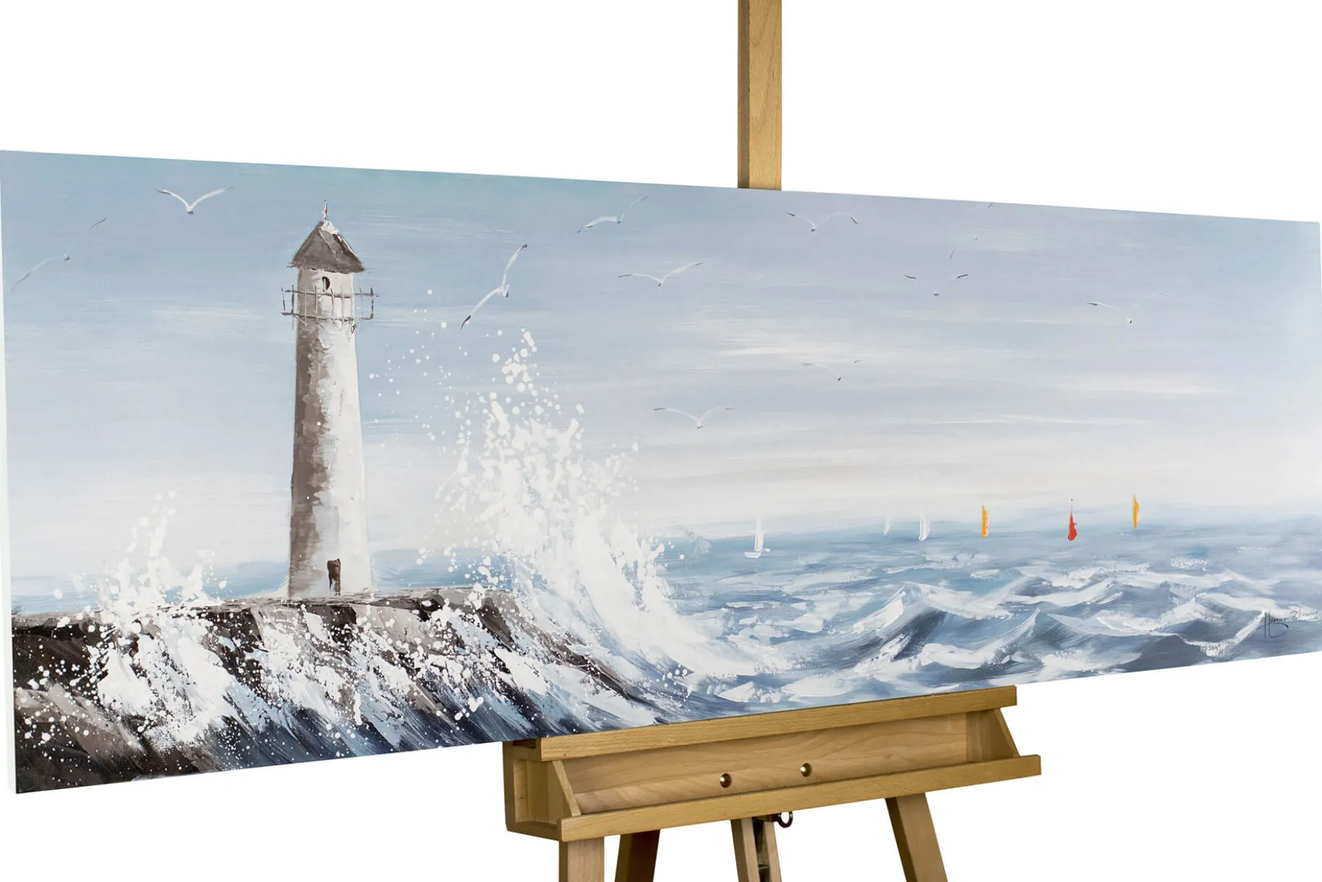 Handgemaltes Gemälde 'Leuchtturm in Sicht' 150x50cm | inkl. Echtheitszertifikat