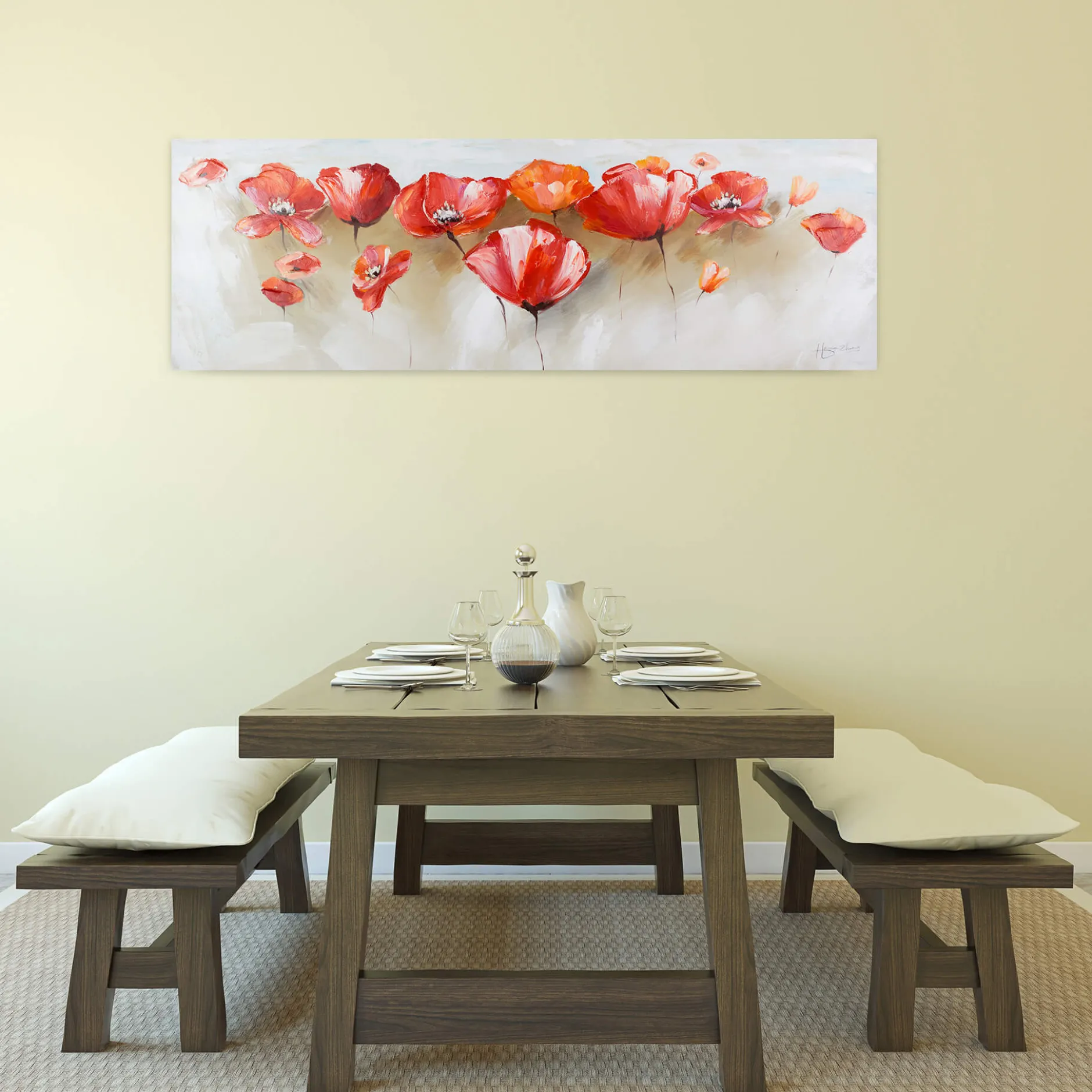 Handgemaltes Gemälde 'Liebeserklärung im Mohnblumenfeld' 150x50cm | inkl. Echtheitszertifikat