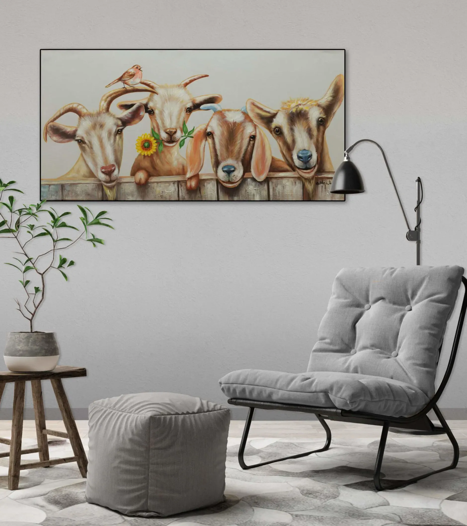 Handgemaltes Gemälde 'Neugierige Ziegenbande' 100x50cm | inkl. Echtheitszertifikat