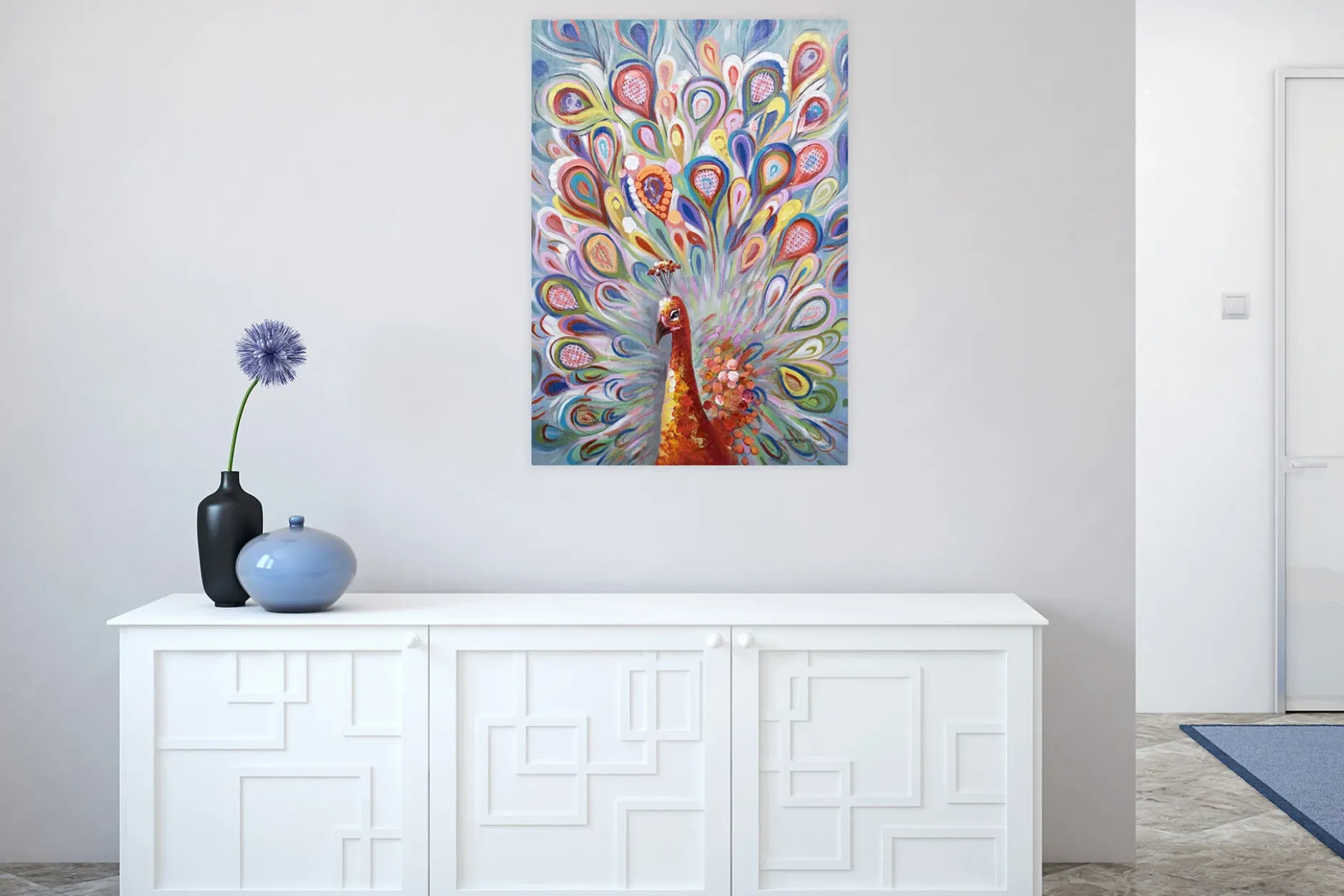 Handgemaltes Gemälde 'Pfau en Couleur' 70x100cm | inkl. Echtheitszertifikat