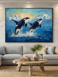 Handgemaltes Gemälde 'Springende Orcas' | Echtheitszertifikat inklusive