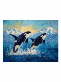 Handgemaltes Gemälde 'Springende Orcas' | Echtheitszertifikat inklusive