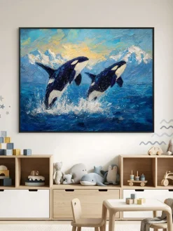 Handgemaltes Gemälde 'Springende Orcas' | Echtheitszertifikat inklusive