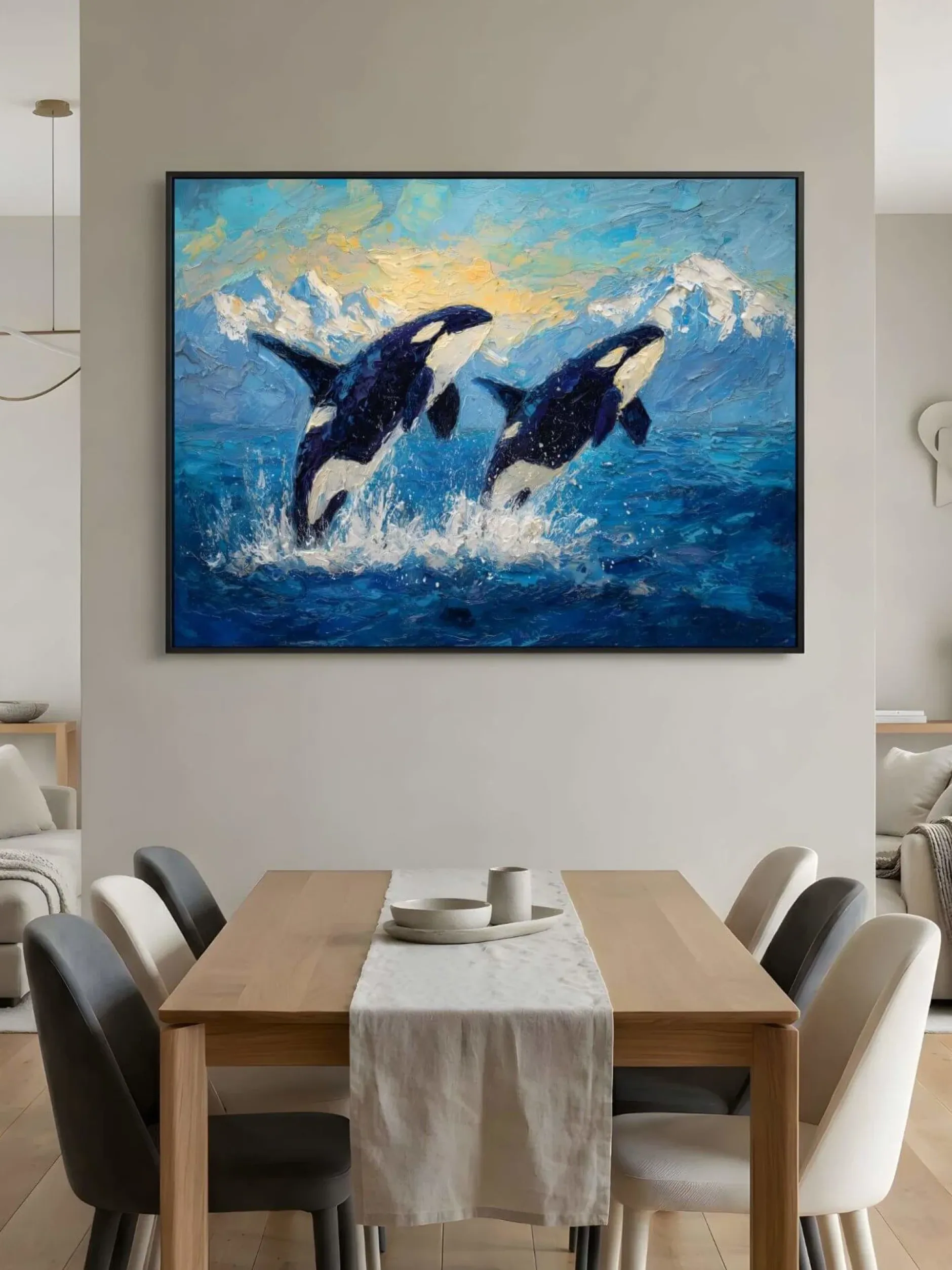 Handgemaltes Gemälde 'Springende Orcas' | Echtheitszertifikat inklusive