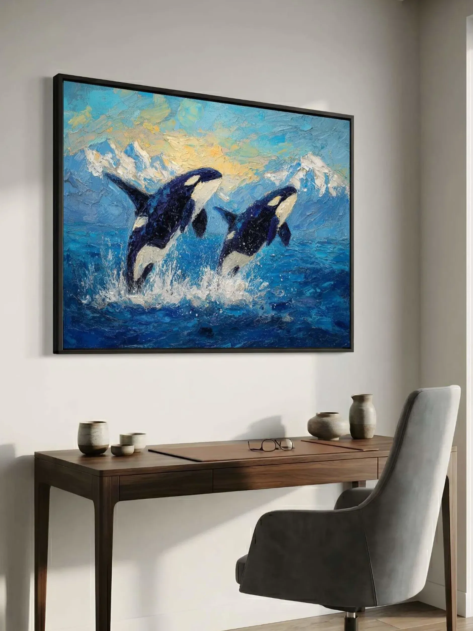Handgemaltes Gemälde 'Springende Orcas' | Echtheitszertifikat inklusive