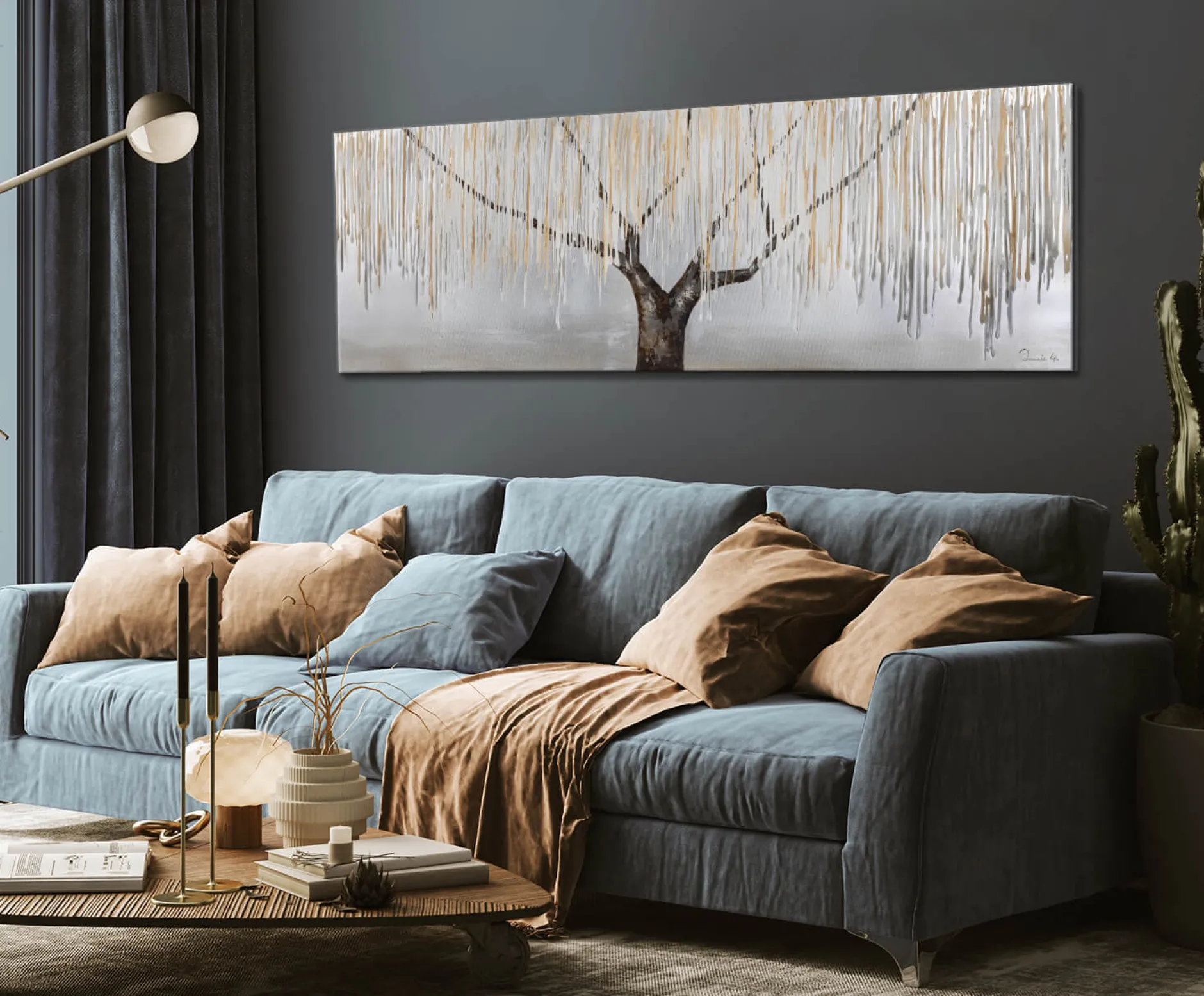Handgemaltes Gemälde 'Trauerweide im Nebel' 150x50cm | inkl. Echtheitszertifikat