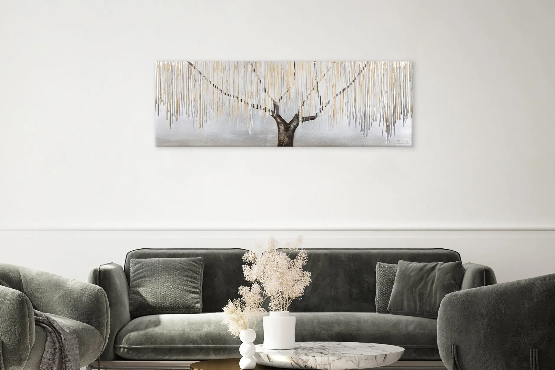 Handgemaltes Gemälde 'Trauerweide im Nebel' 150x50cm | inkl. Echtheitszertifikat