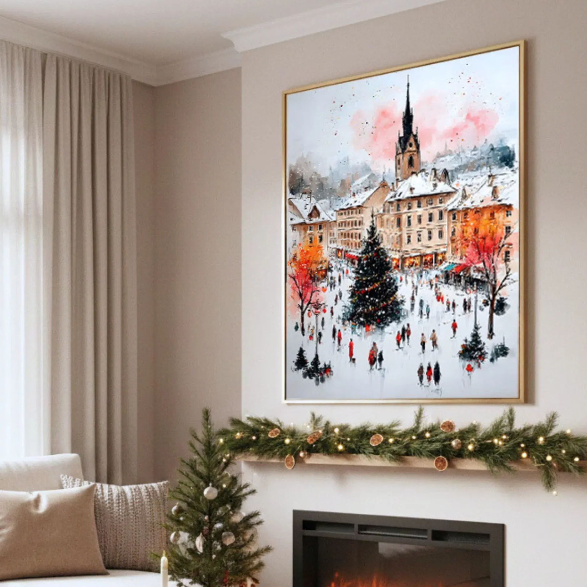 Handgemaltes Gemälde 'Weihnachten in der Stadt' | Echtheitszertifikat inklusive