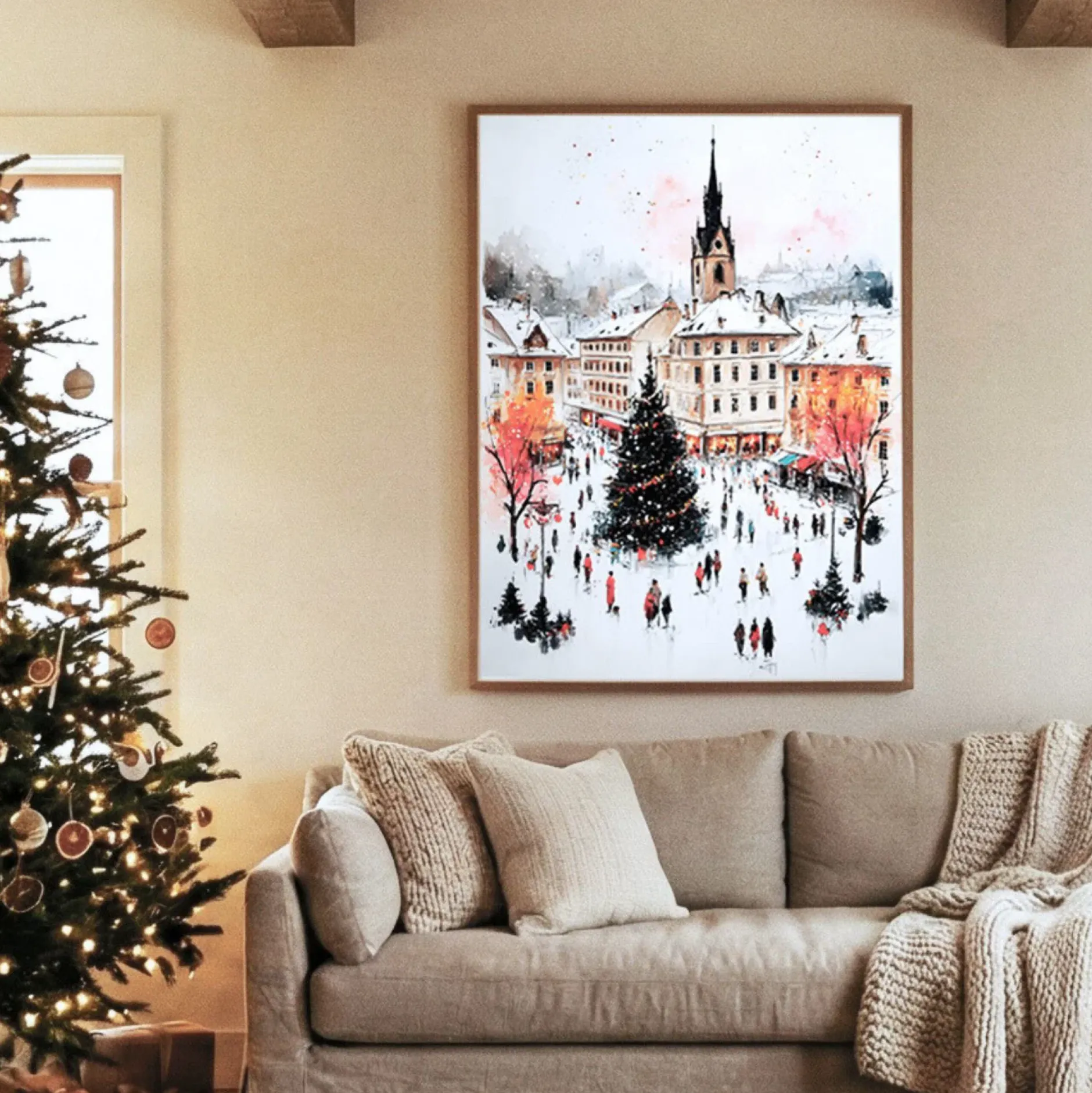 Handgemaltes Gemälde 'Weihnachten in der Stadt' | Echtheitszertifikat inklusive
