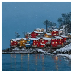 Handgemaltes Gemälde 'Winterdorf am Fjord' | Echtheitszertifikat inklusive