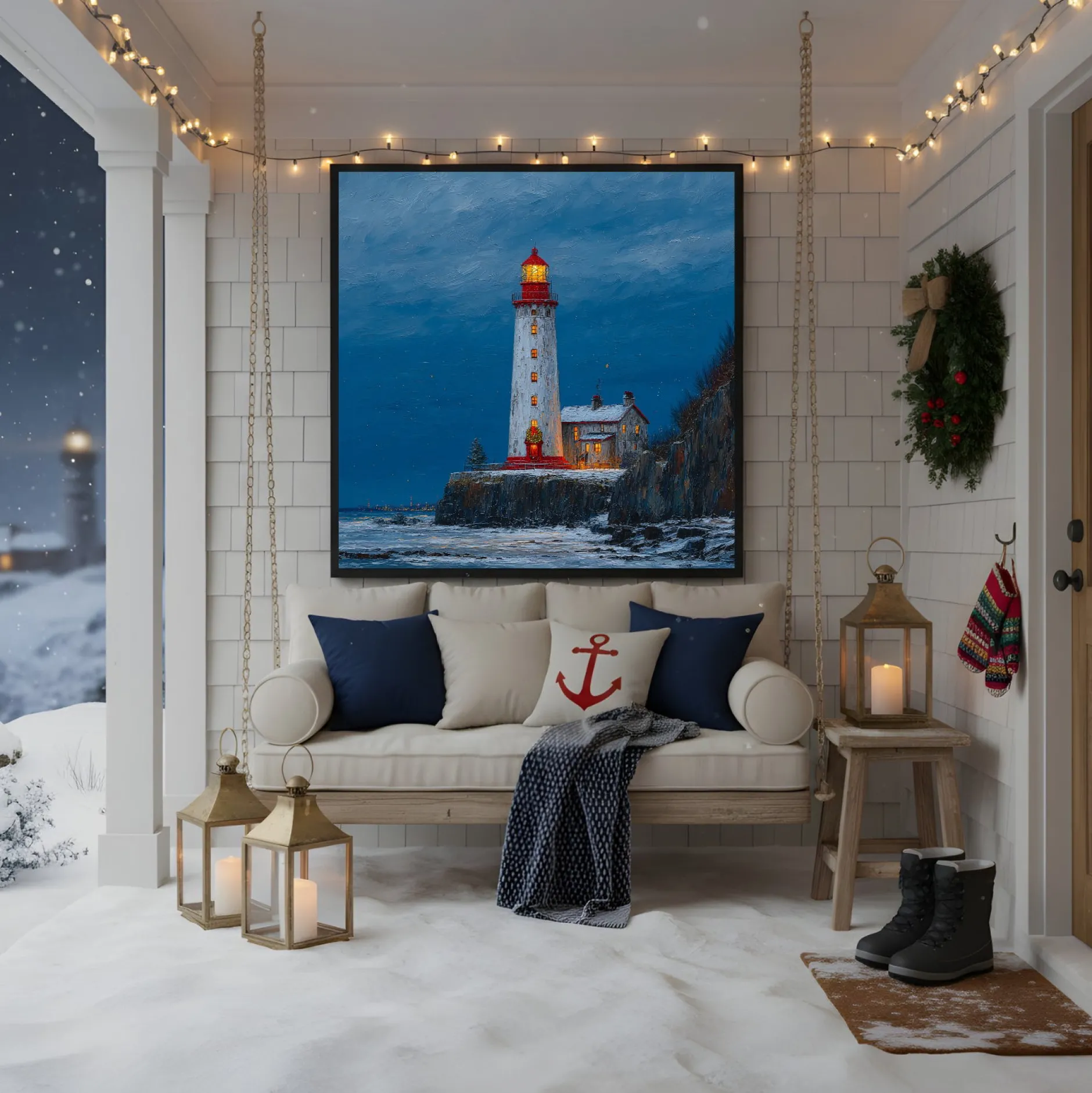 Handgemaltes Gemälde 'Winterlicher Leuchtturm' | Echtheitszertifikat inklusive