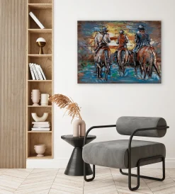 Holzbild 3D 'Cowboys Ride at Sunset' 100x75x6cm