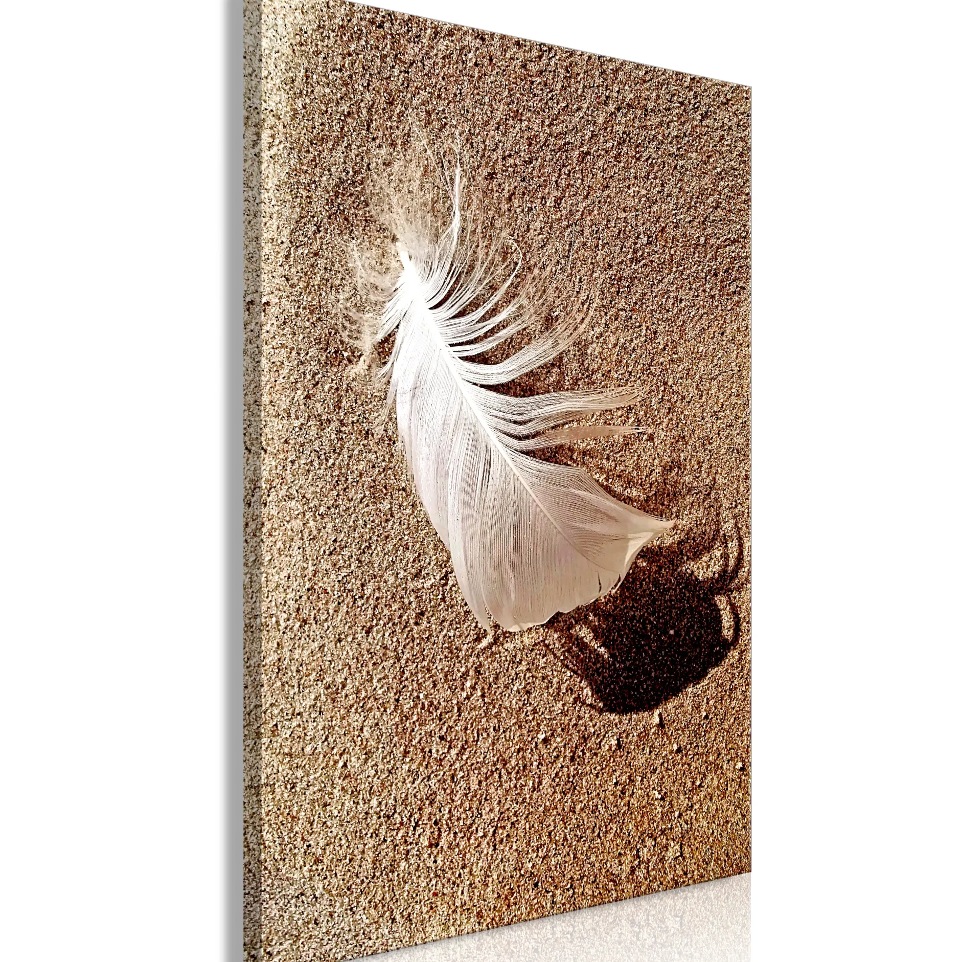 Kunstdruck auf Leinwand 'Feather on the Sand Vertical'