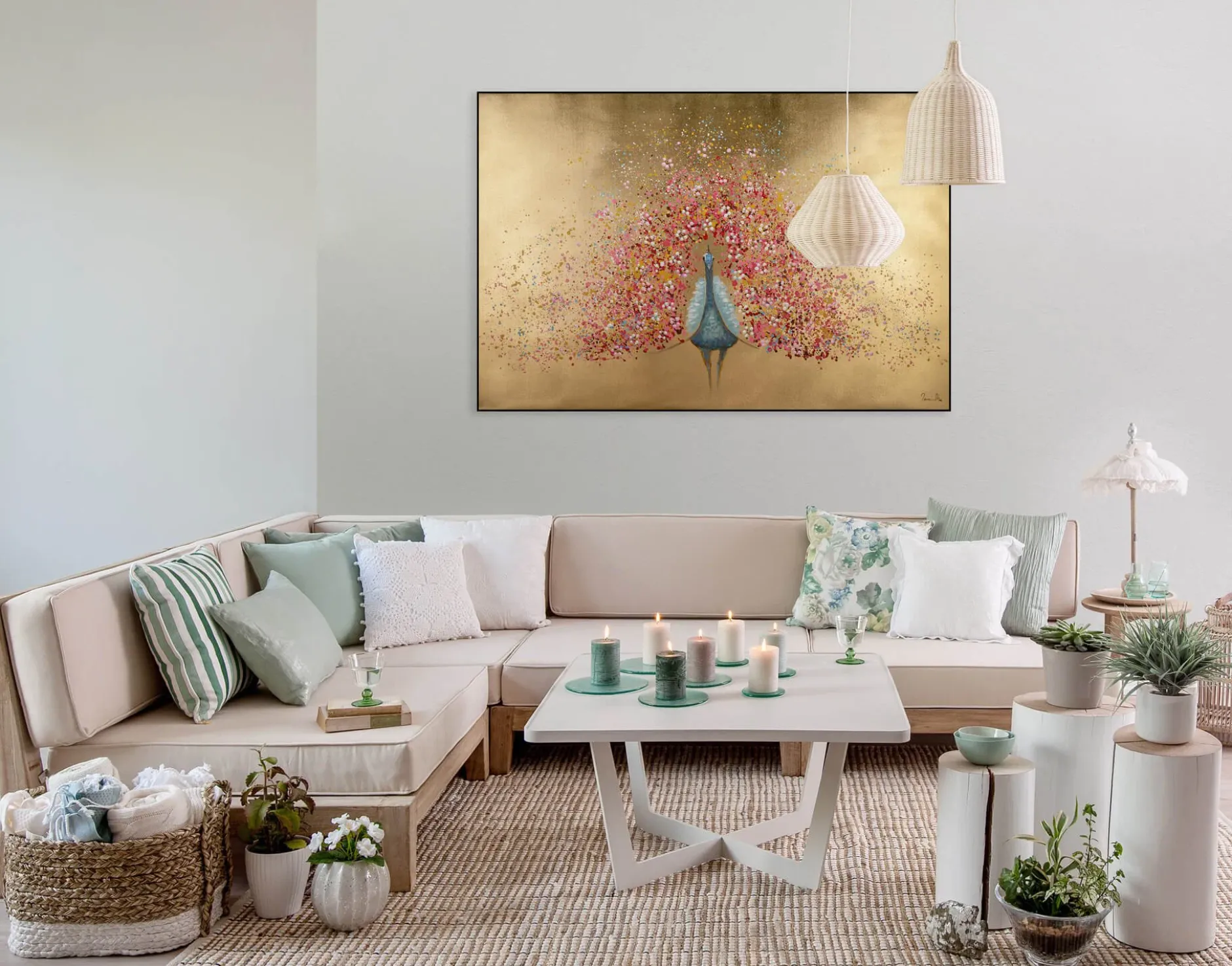 Kunstdruck 'Goldener Blütenpfau'