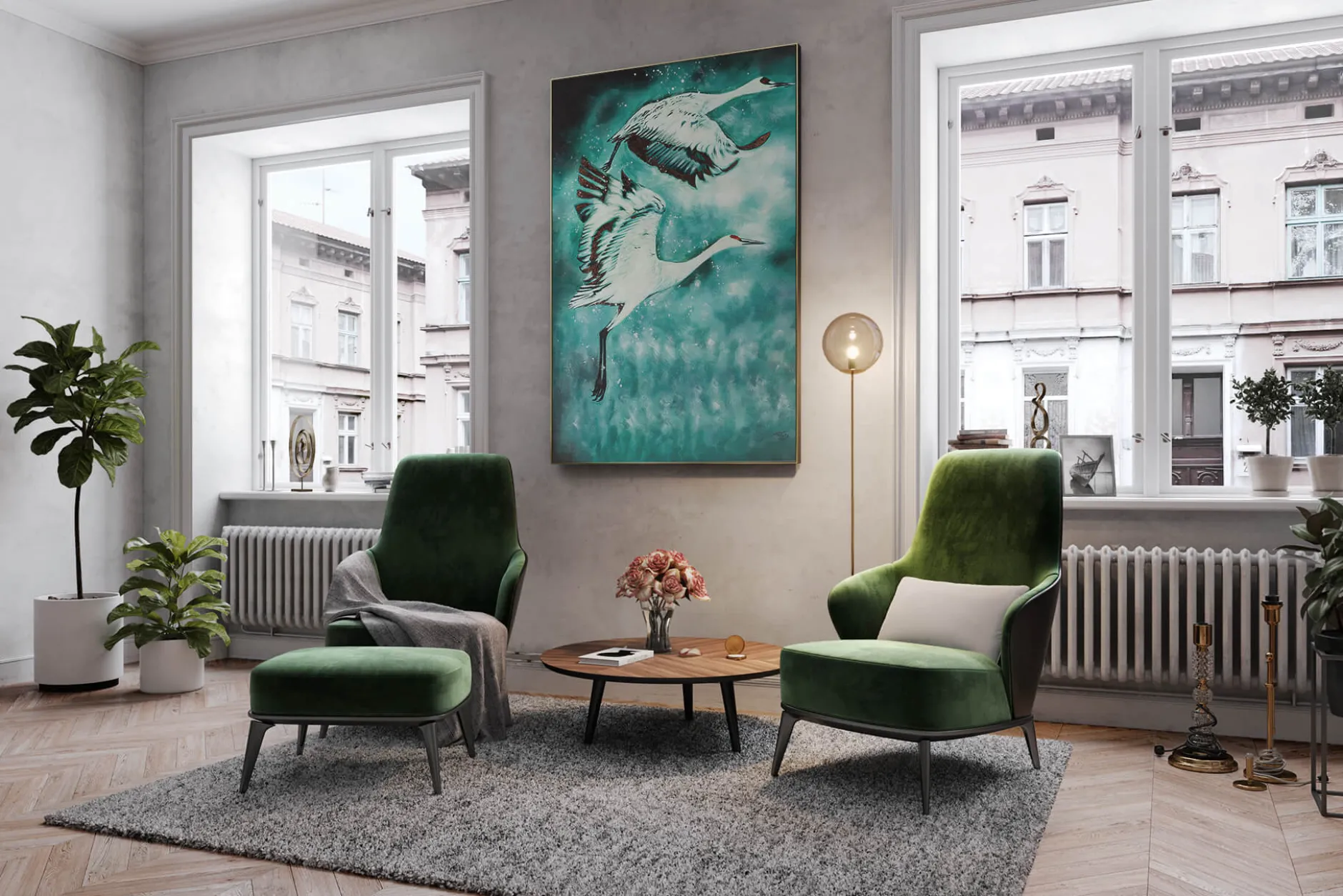 Öl Gemälde 'Crane Excursion' | Handgemaltes Unikat