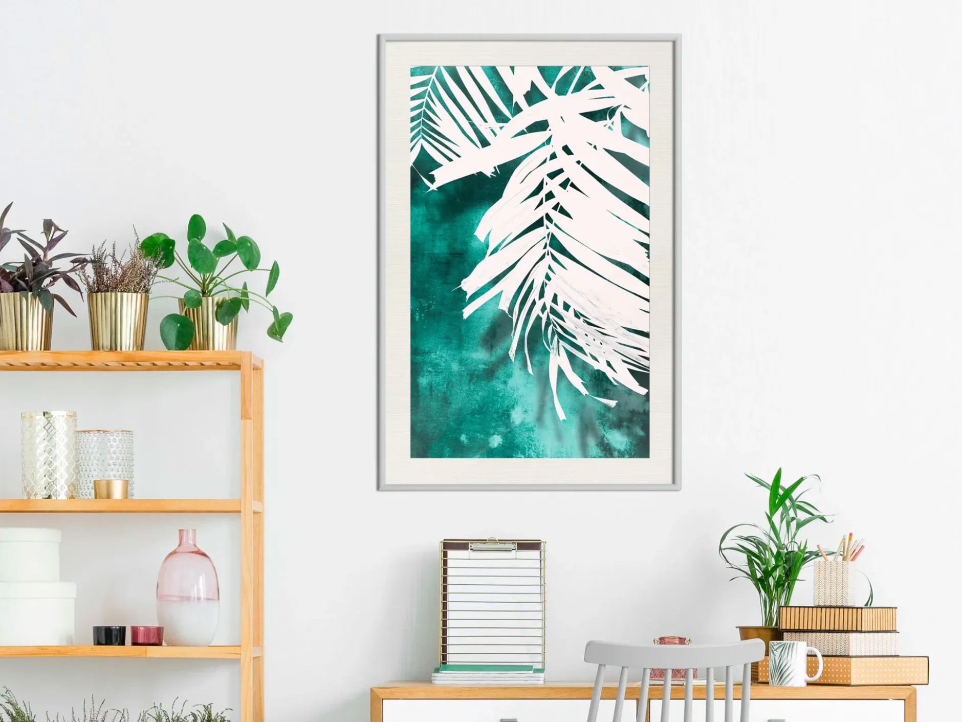 Poster 'White Palm on Teal Background'