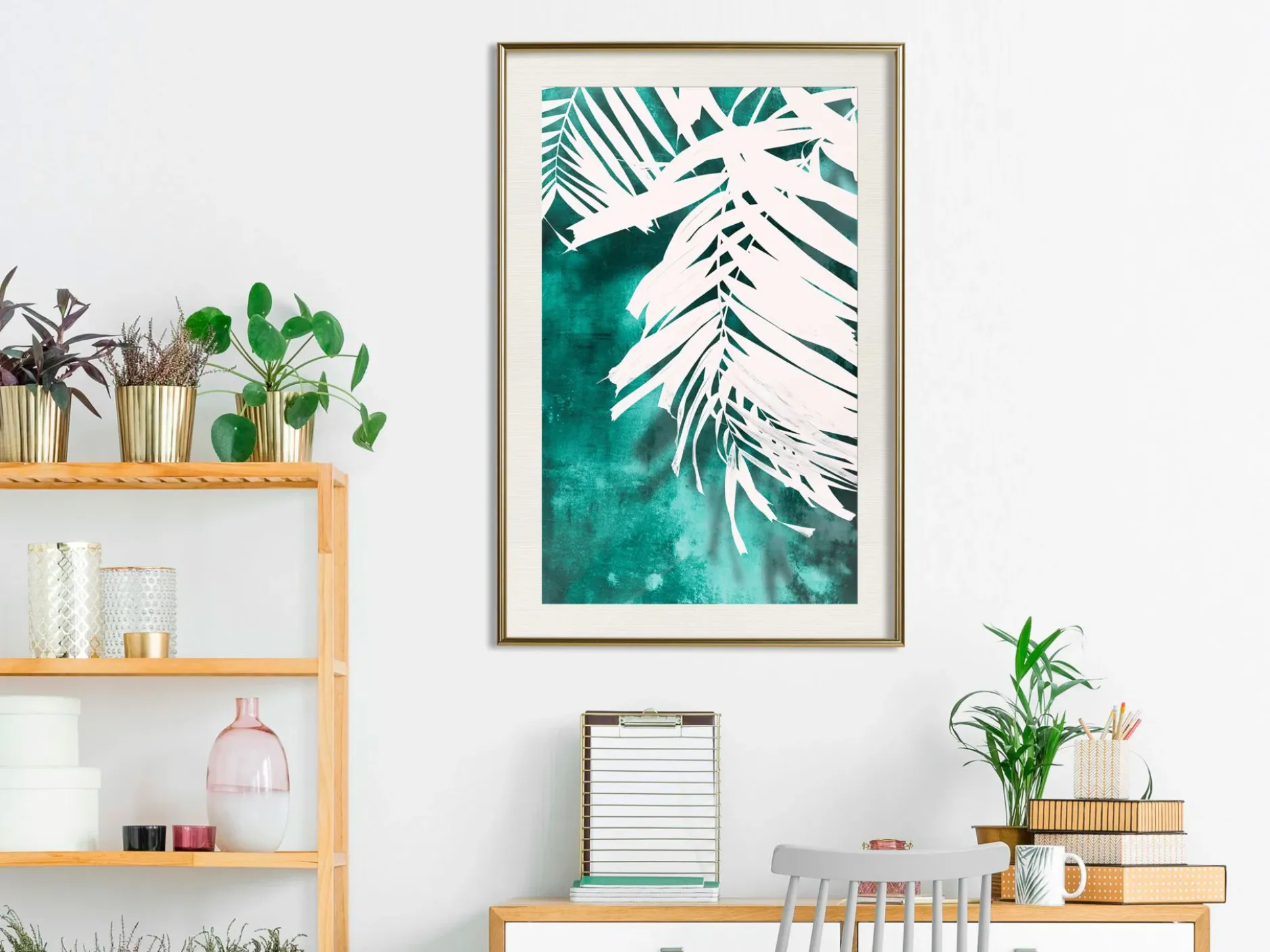 Poster 'White Palm on Teal Background'