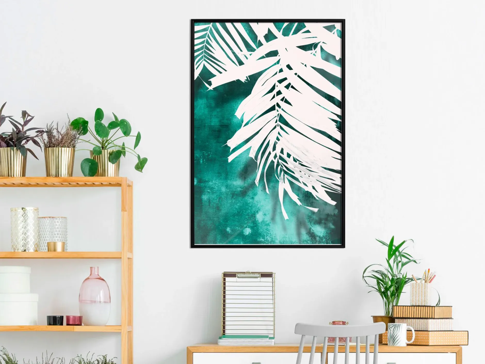 Poster 'White Palm on Teal Background'