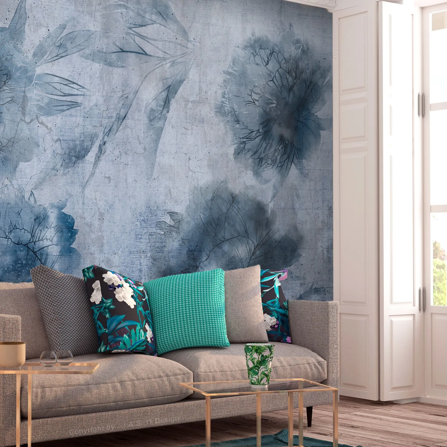 Selbstklebende Tapete 'Blue Peonies'