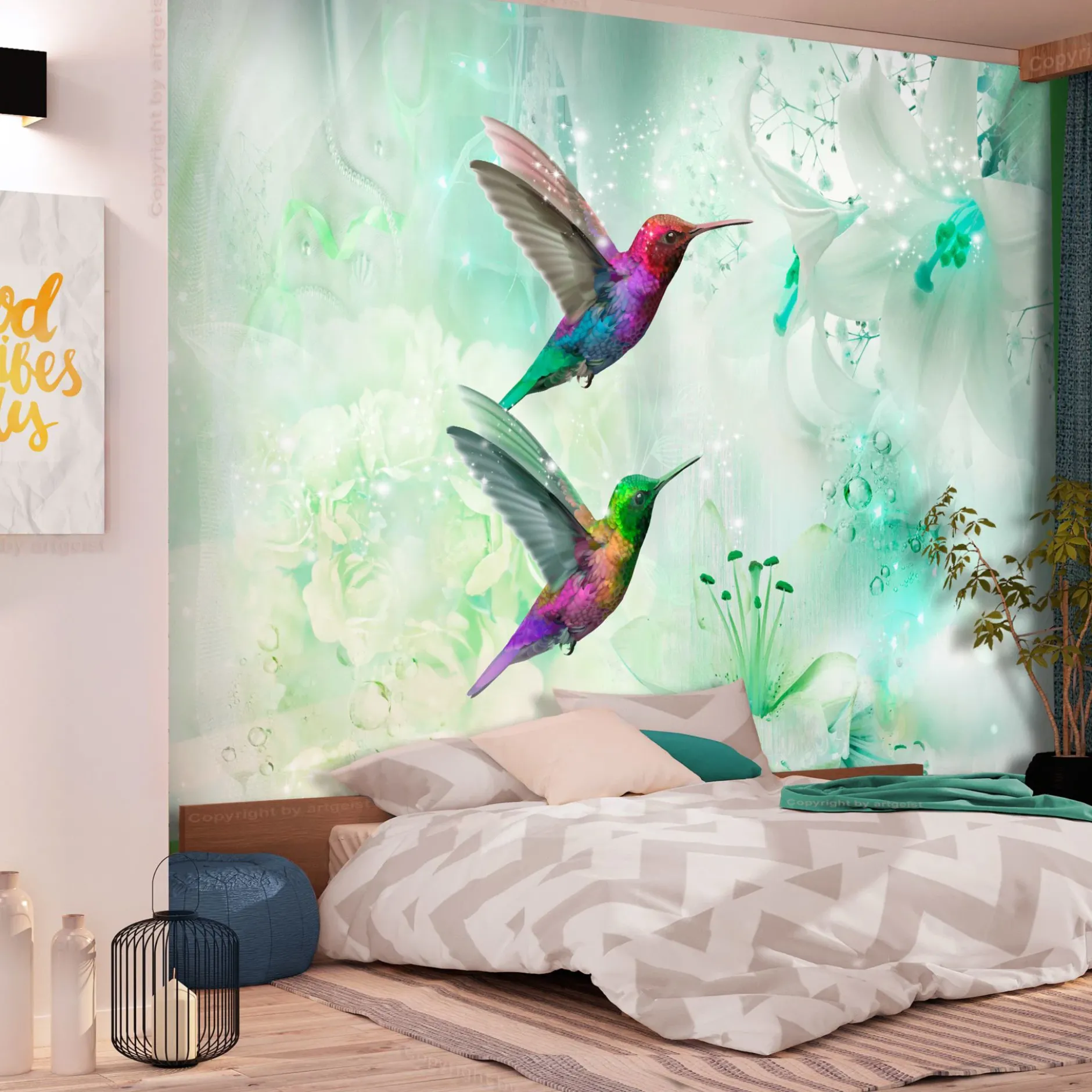 Selbstklebende Tapete 'Colourful Hummingbirds (Green)'