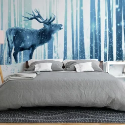 Selbstklebende Tapete 'Deer in the Snow (Blue)'