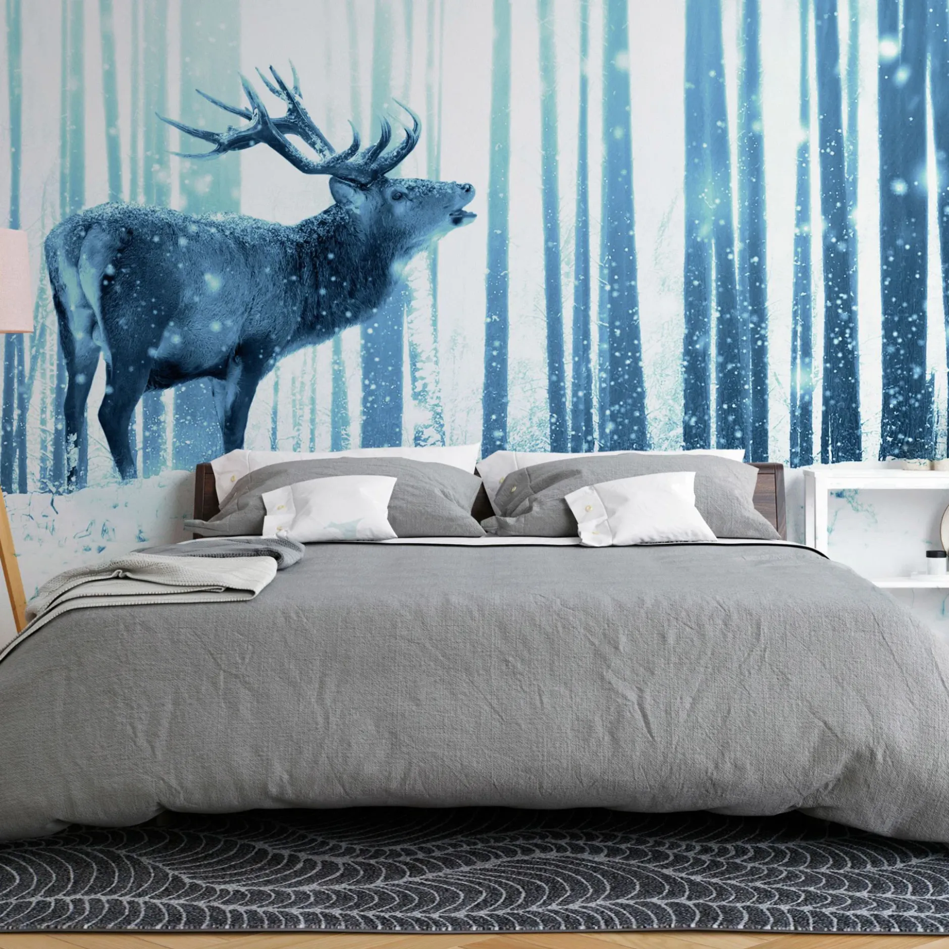 Selbstklebende Tapete 'Deer in the Snow (Blue)'