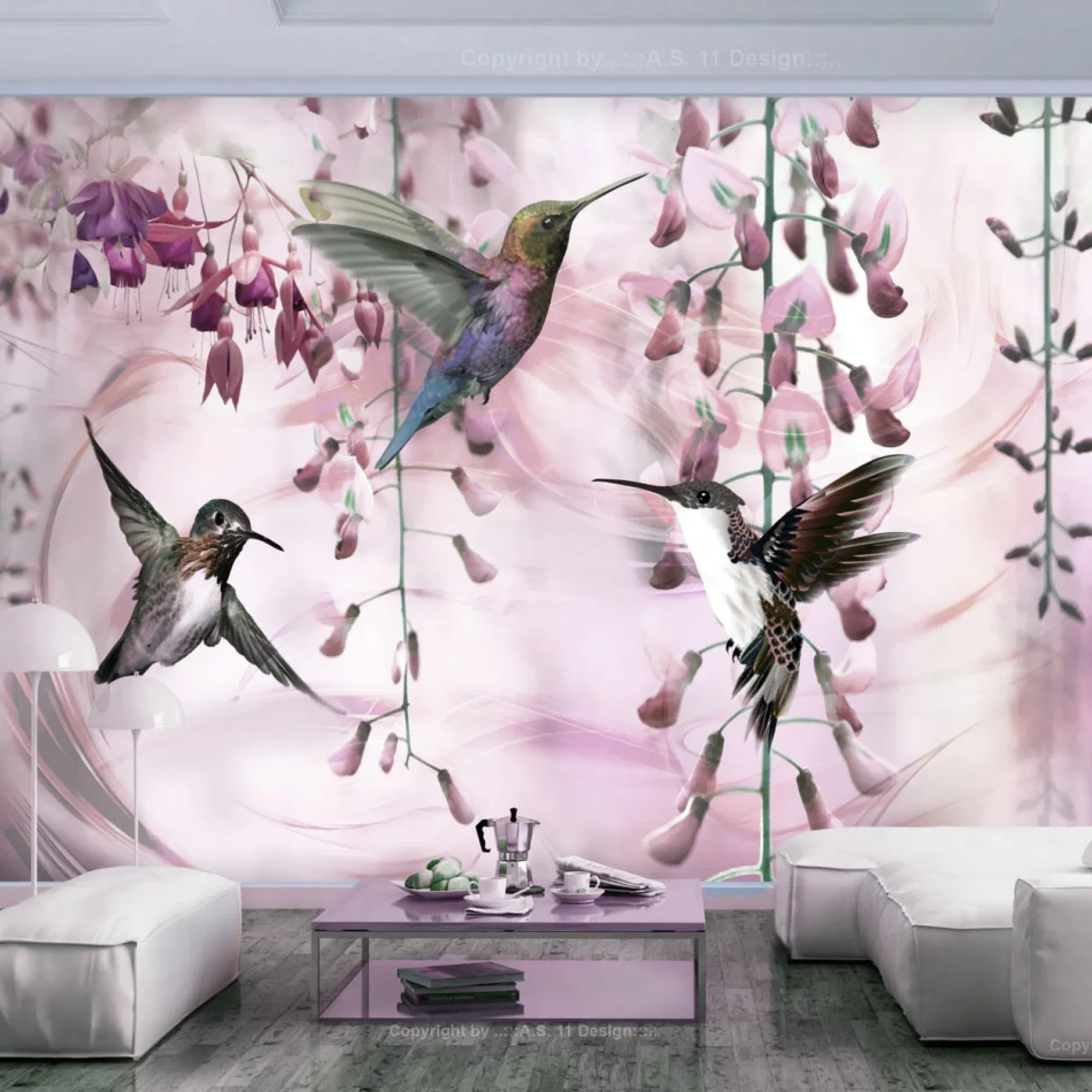 Selbstklebende Tapete 'Flying Hummingbirds (Pink)'