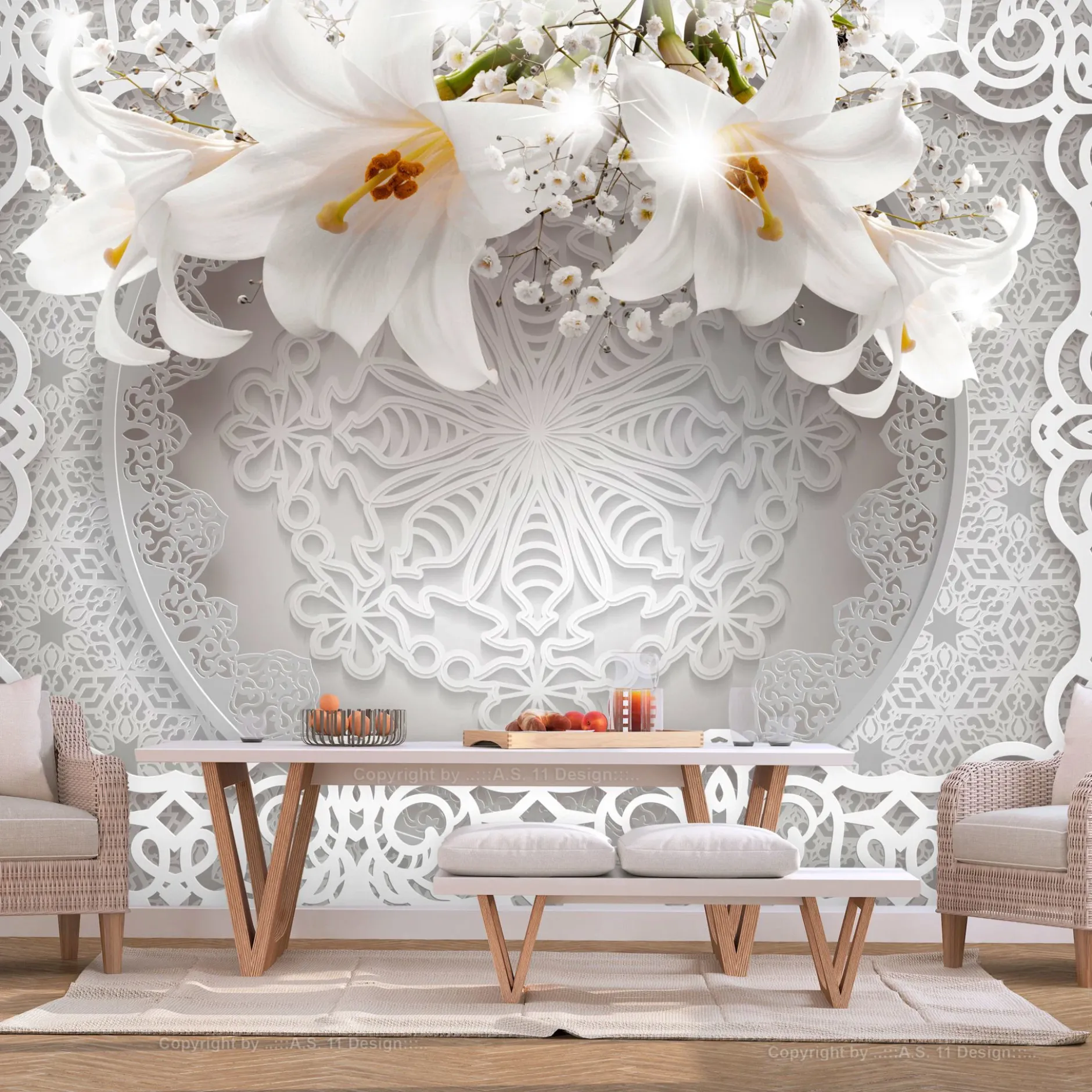 Selbstklebende Tapete 'Lilies and Ornaments'