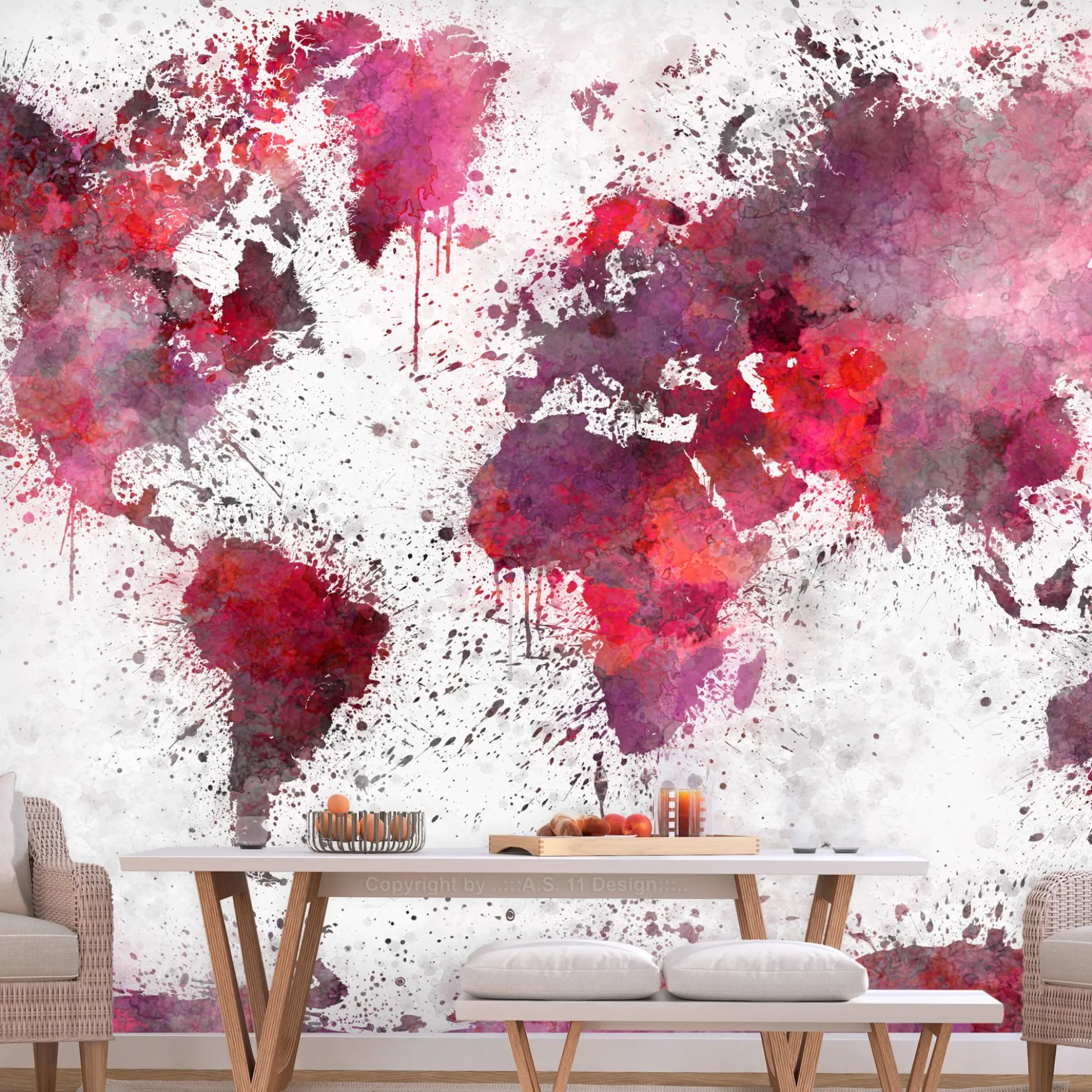 Selbstklebende Tapete 'World Map: Red Watercolors'