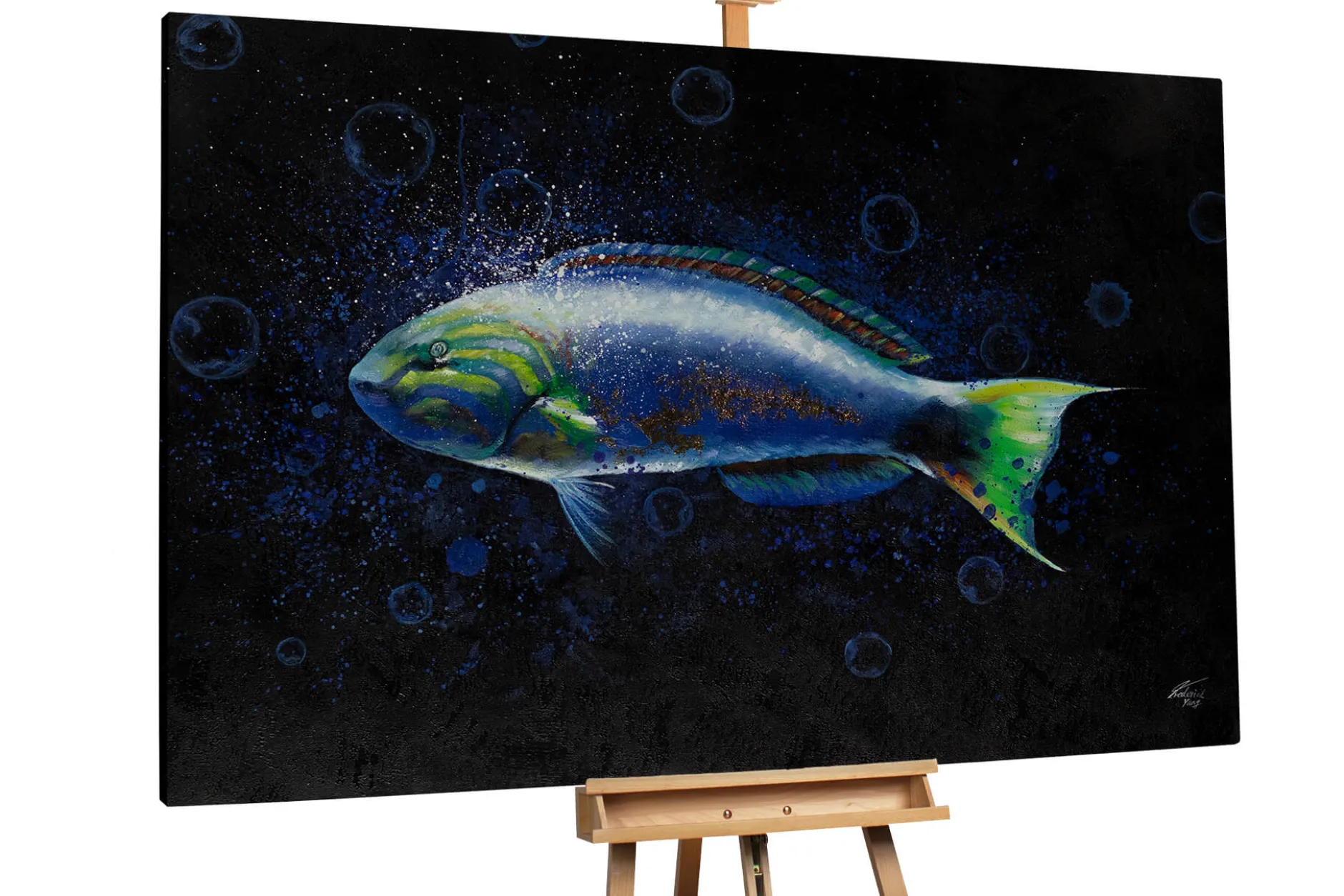 XXL Öl Gemälde 'Blaues Fischleben' | Handgemaltes Unikat