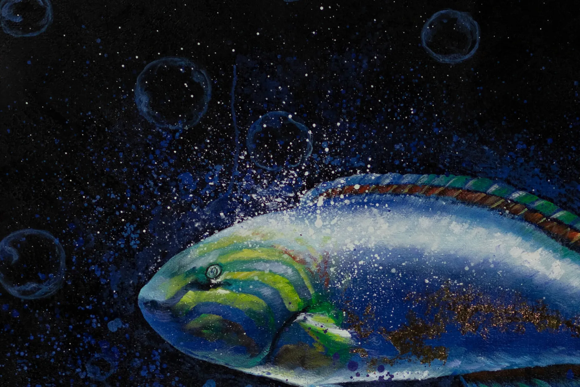 XXL Öl Gemälde 'Blaues Fischleben' | Handgemaltes Unikat