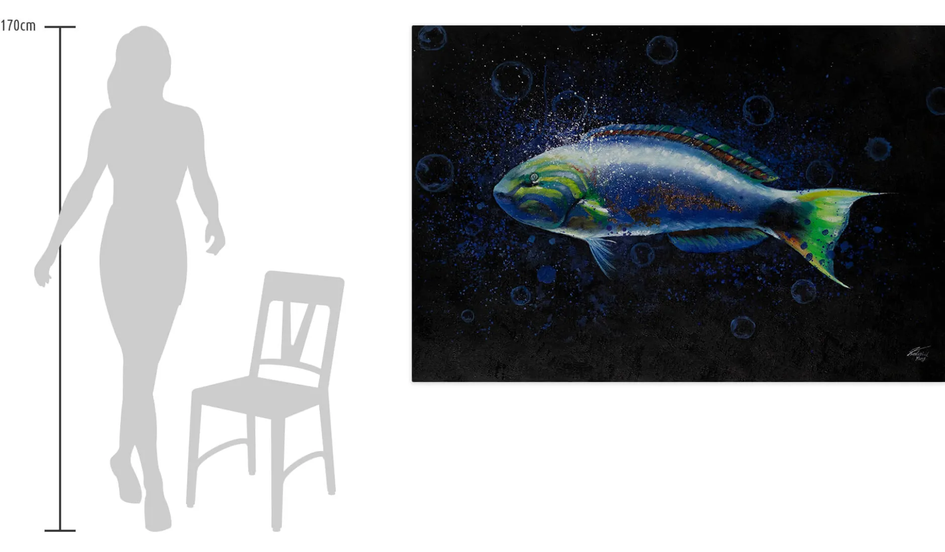 XXL Öl Gemälde 'Blaues Fischleben' | Handgemaltes Unikat