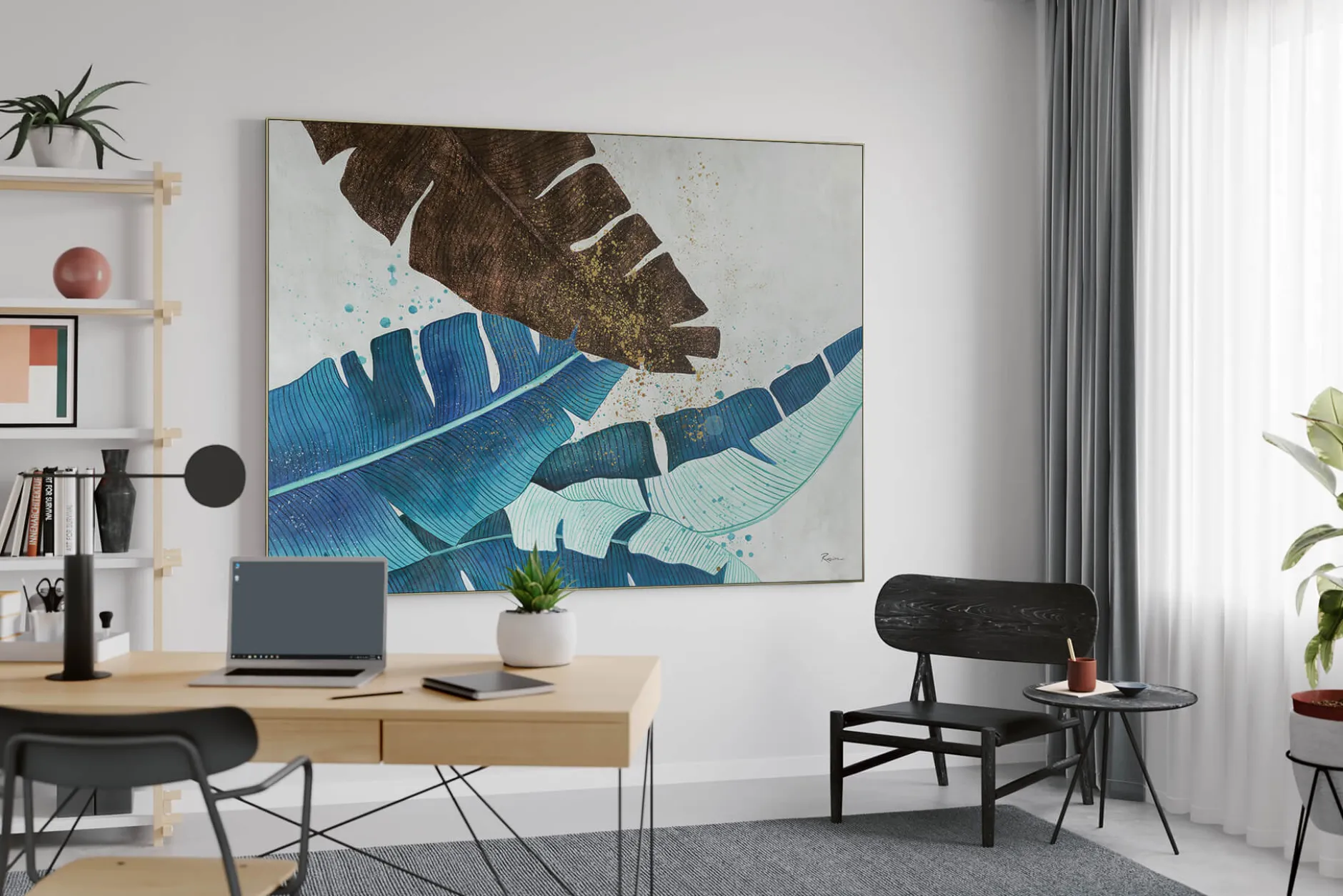 XXL Öl Gemälde 'Blue Jungle Leaves' | Handgemaltes Unikat