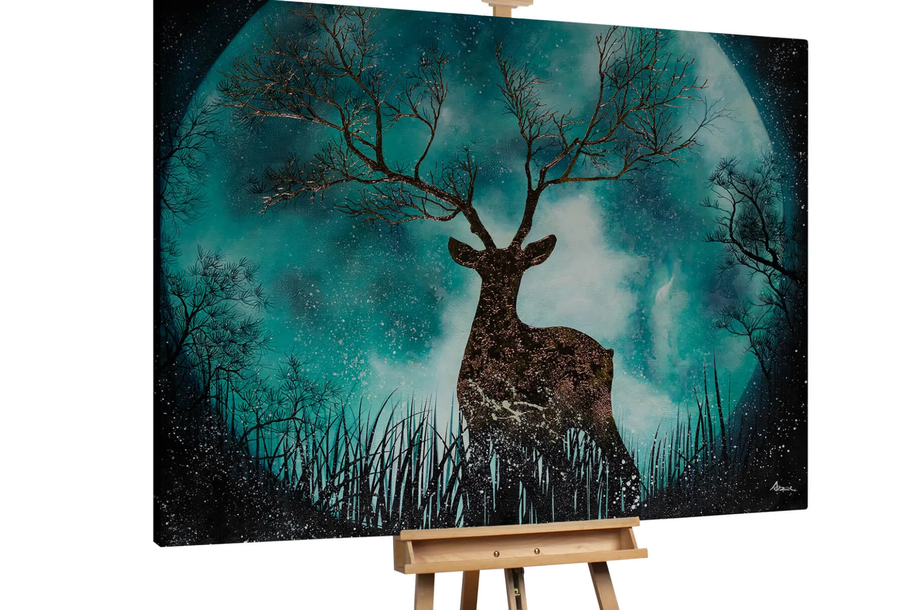 XXL Öl Gemälde 'Deer in the Moonlight' | Handgemaltes Unikat