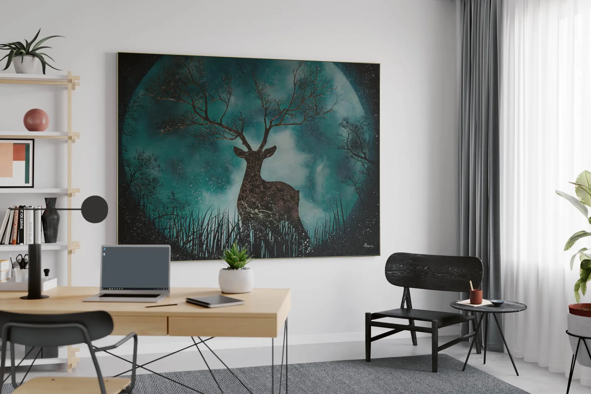 XXL Öl Gemälde 'Deer in the Moonlight' | Handgemaltes Unikat