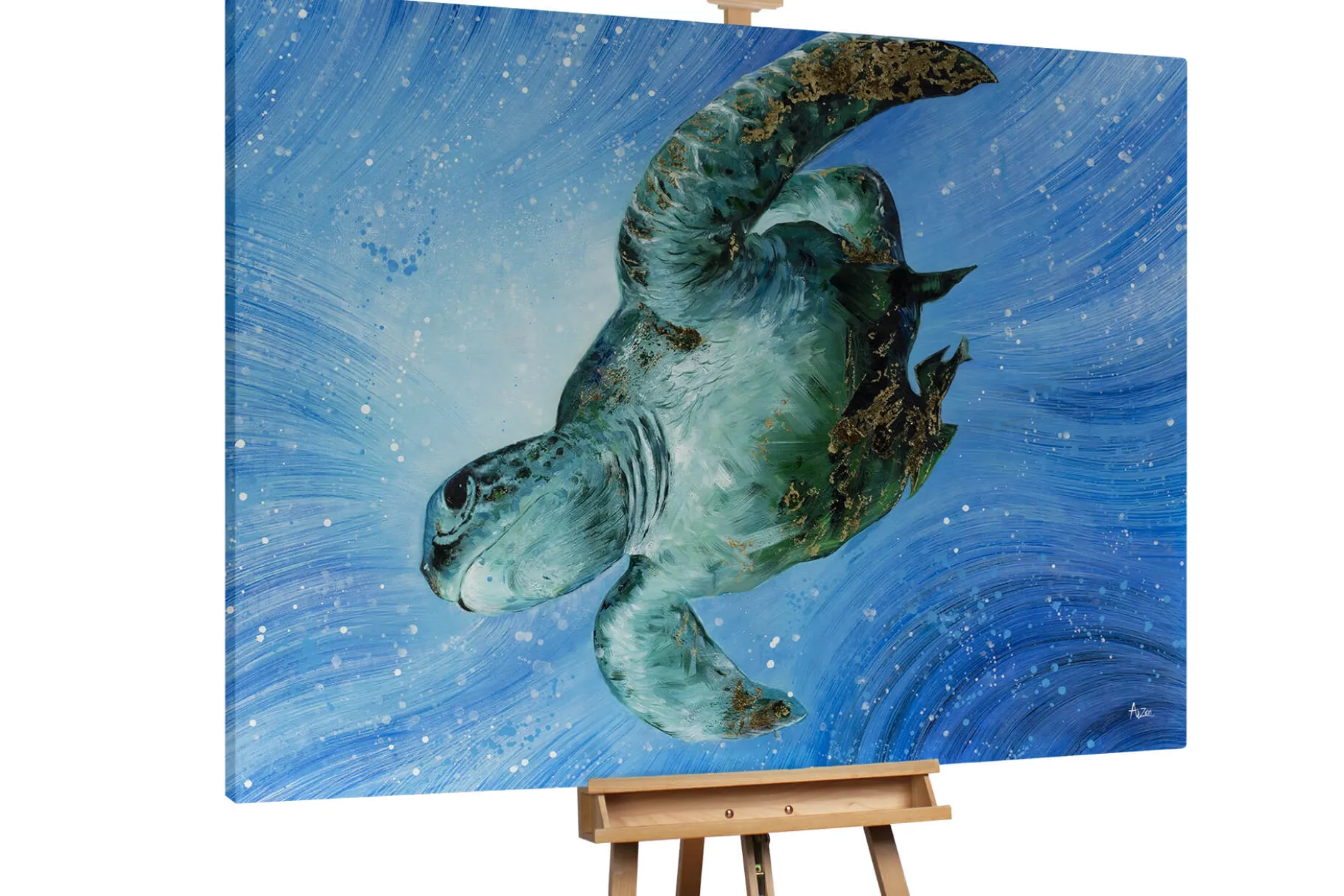 XXL Öl Gemälde 'Diving Turtle' | Handgemaltes Unikat