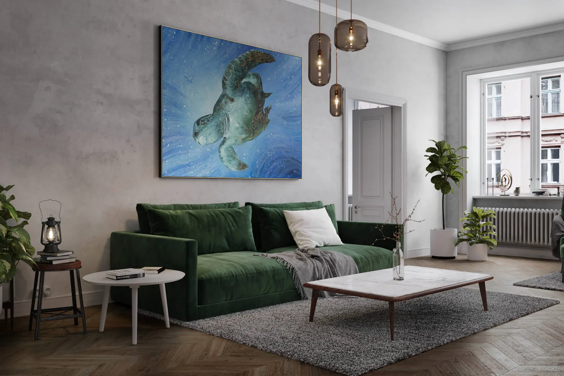 XXL Öl Gemälde 'Diving Turtle' | Handgemaltes Unikat