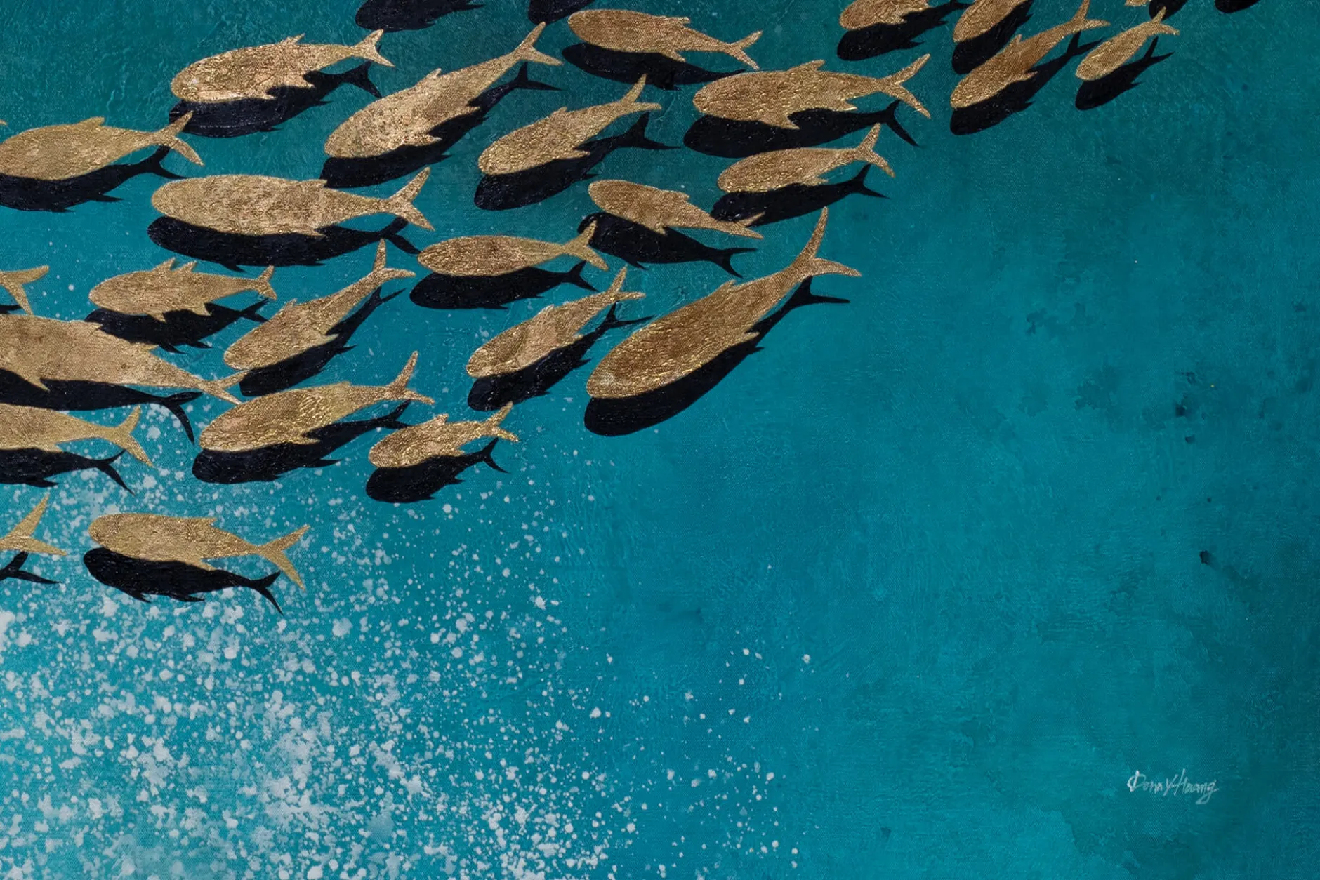 XXL Öl Gemälde 'Goldener Fischschwarm' | Handgemaltes Unikat