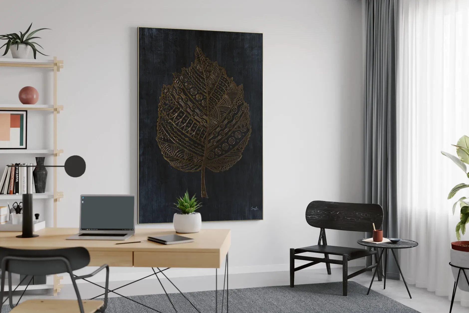 XXL Öl Gemälde 'Golden Leaf Pattern' | Handgemaltes Unikat
