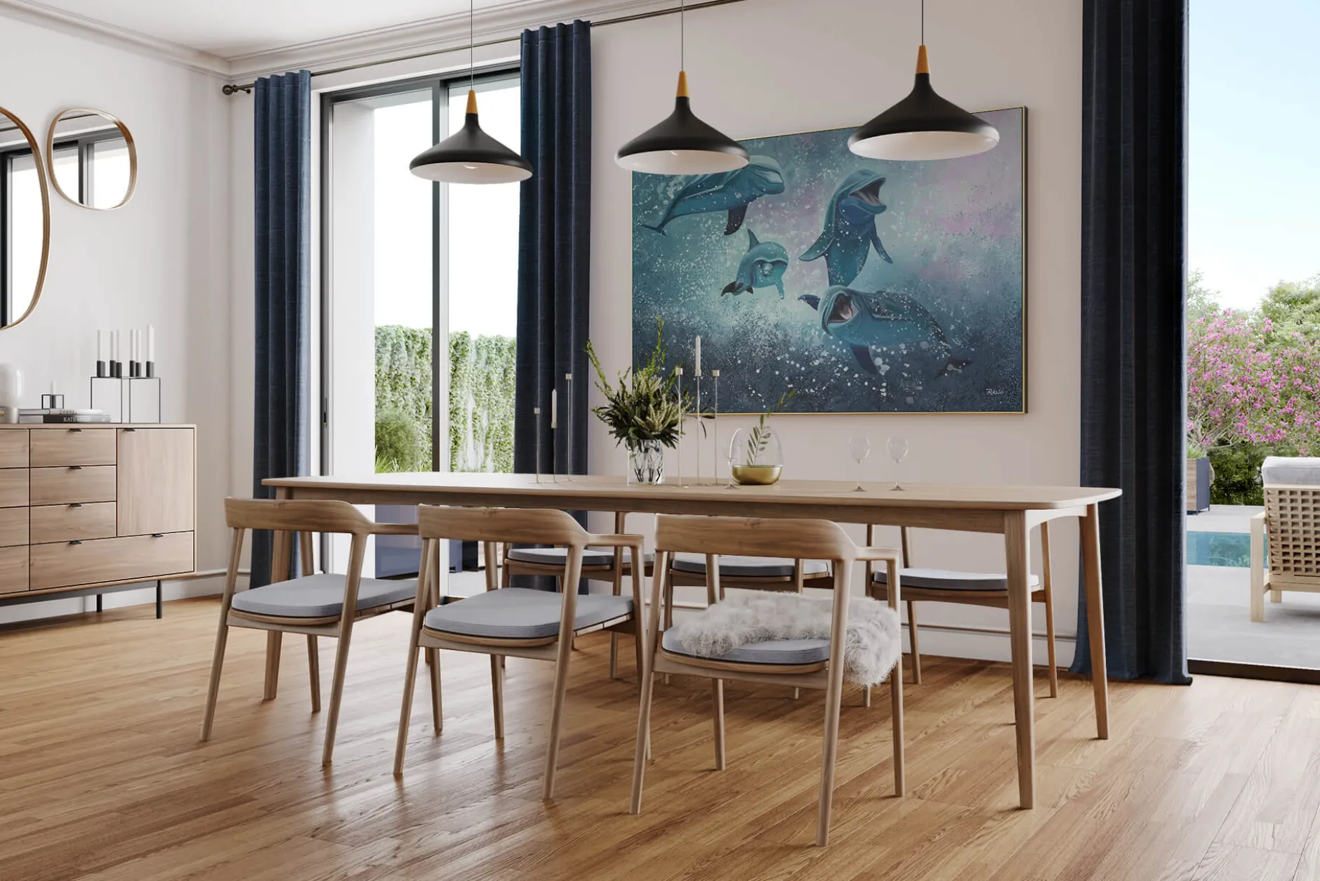 XXL Öl Gemälde 'Jolly Dolphins' | Handgemaltes Unikat