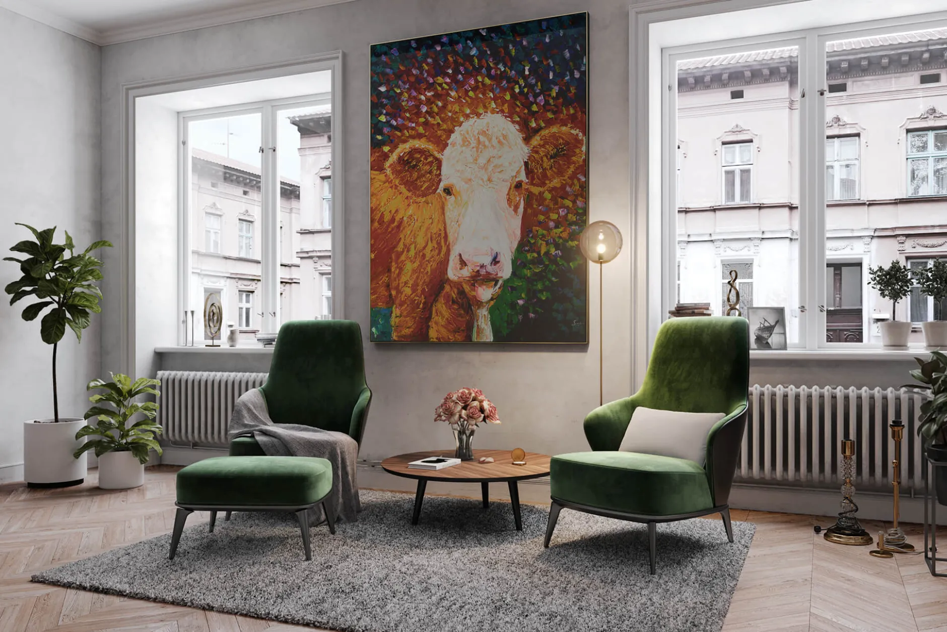 XXL Öl Gemälde 'Joyful Cow' | Handgemaltes Unikat