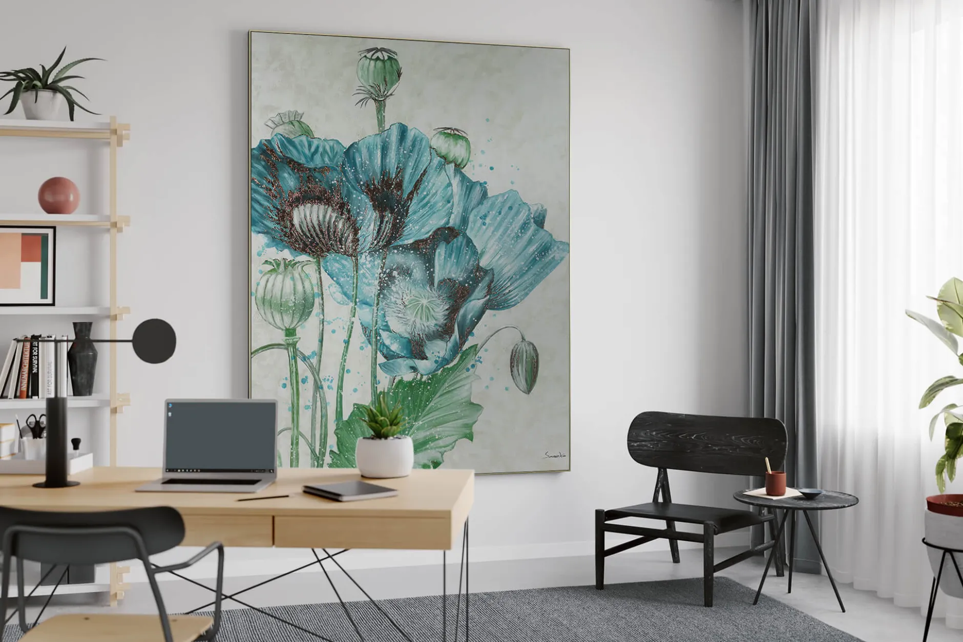 XXL Öl Gemälde 'Poppies in Blue' | Handgemaltes Unikat